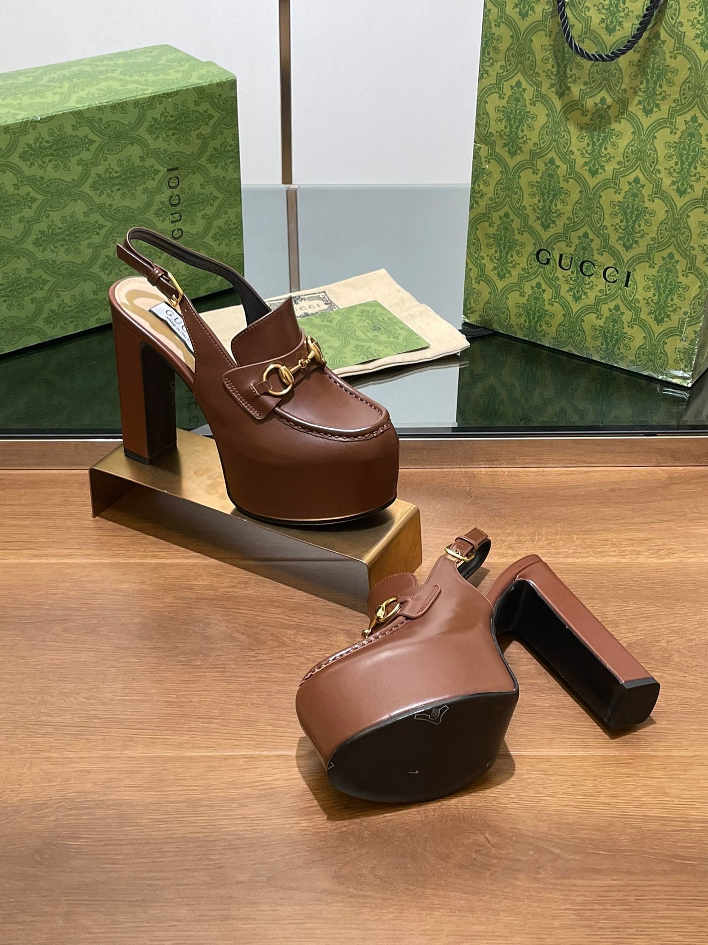GUCCI WOMEN'S HORSEBIT PLATFORM LOAFER SLINGBACK IN DARK BROWN CALFSKIN