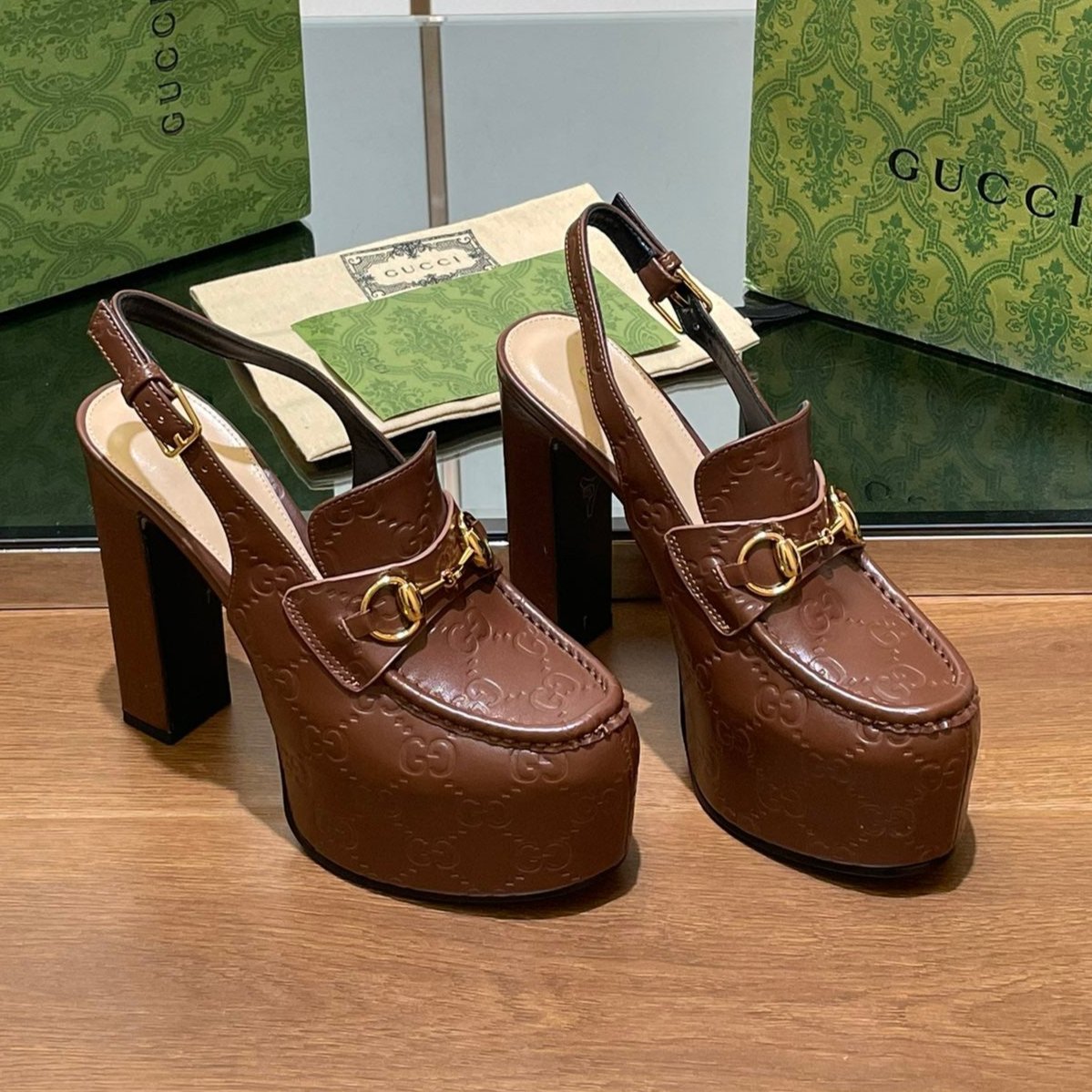 GUCCI WOMEN'S HORSEBIT PLATFORM LOAFER SLINGBACK IN DARK BROWN EMBOSSED CALFSKIN