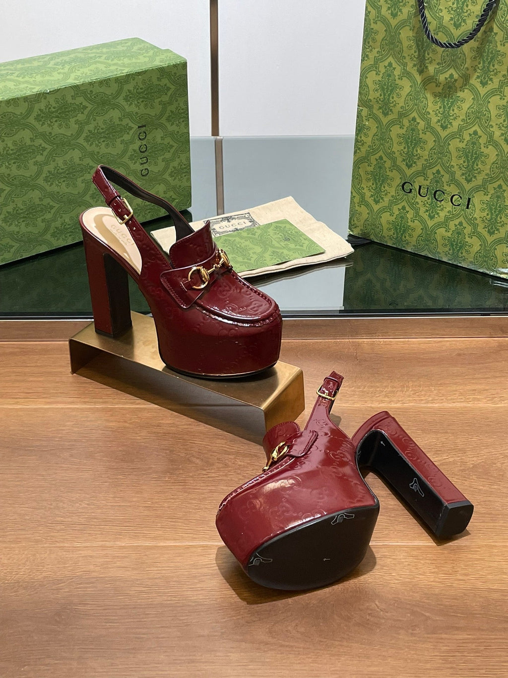 GUCCI WOMEN'S HORSEBIT PLATFORM LOAFER SLINGBACK IN ROSSO ANCORA RED CALFSKIN