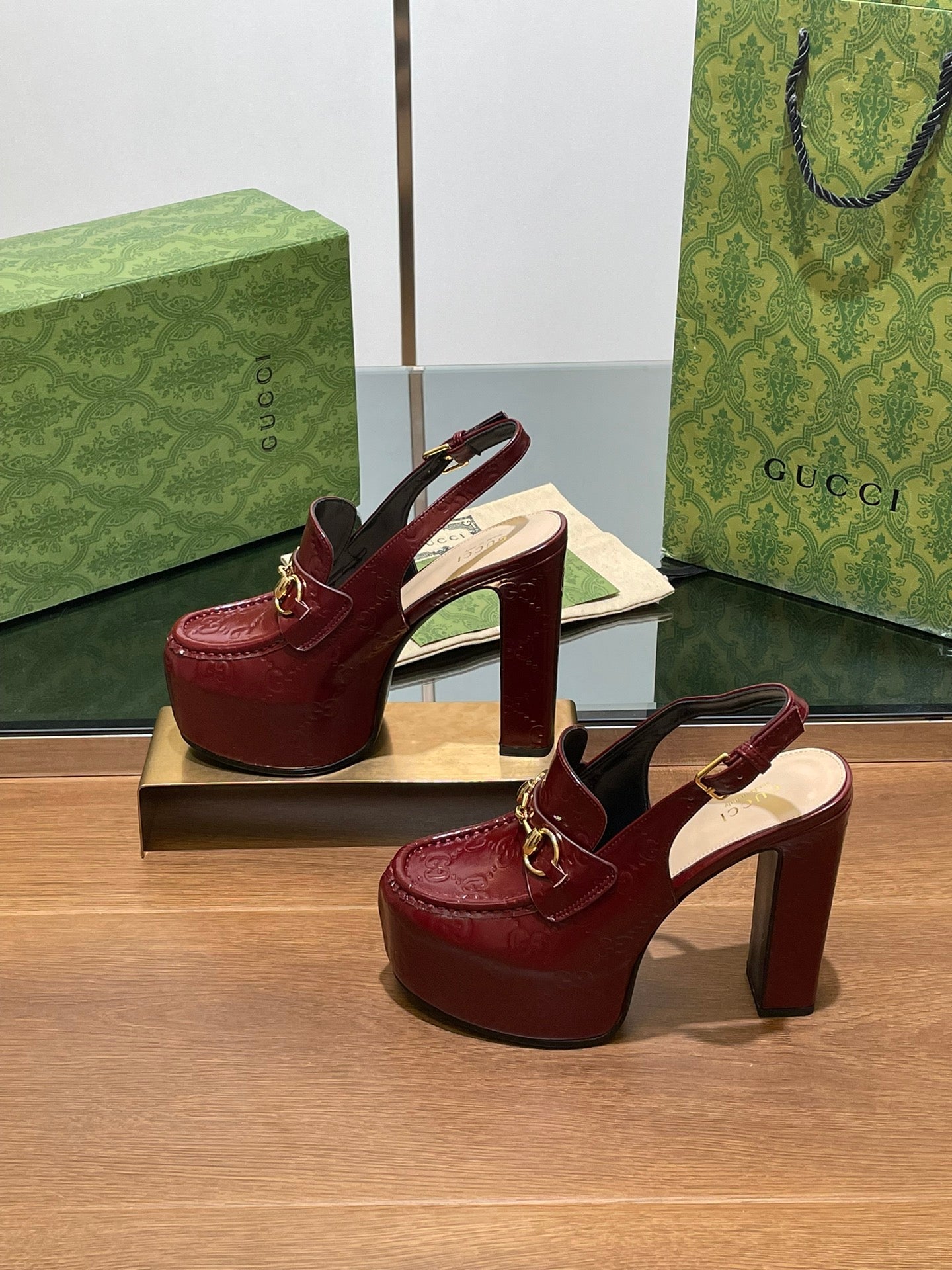GUCCI WOMEN'S HORSEBIT PLATFORM LOAFER SLINGBACK IN ROSSO ANCORA RED CALFSKIN