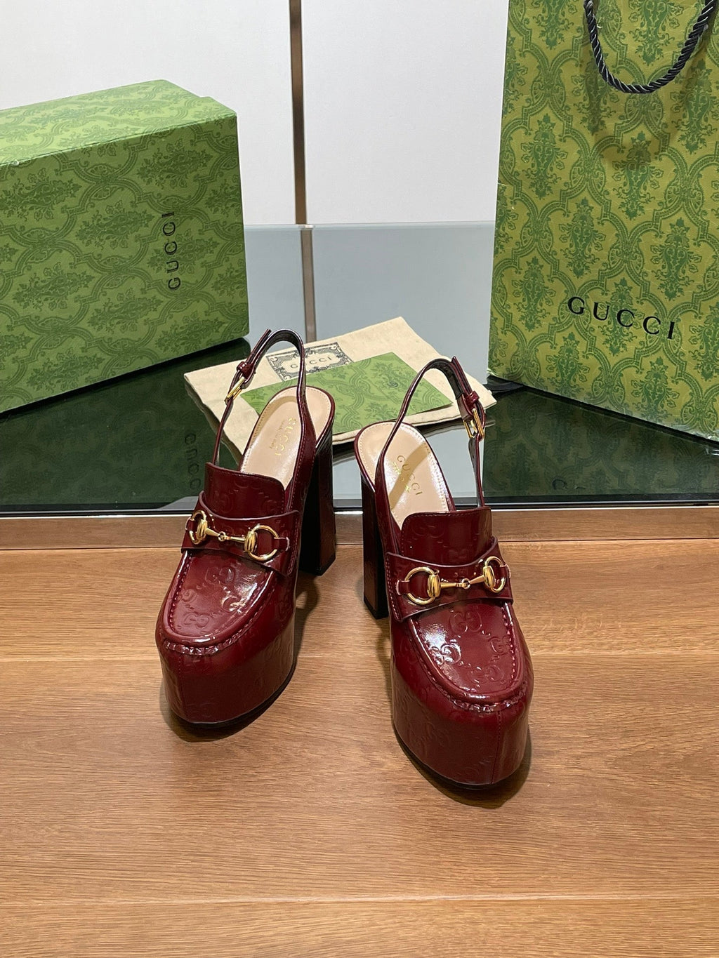 GUCCI WOMEN'S HORSEBIT PLATFORM LOAFER SLINGBACK IN ROSSO ANCORA RED CALFSKIN