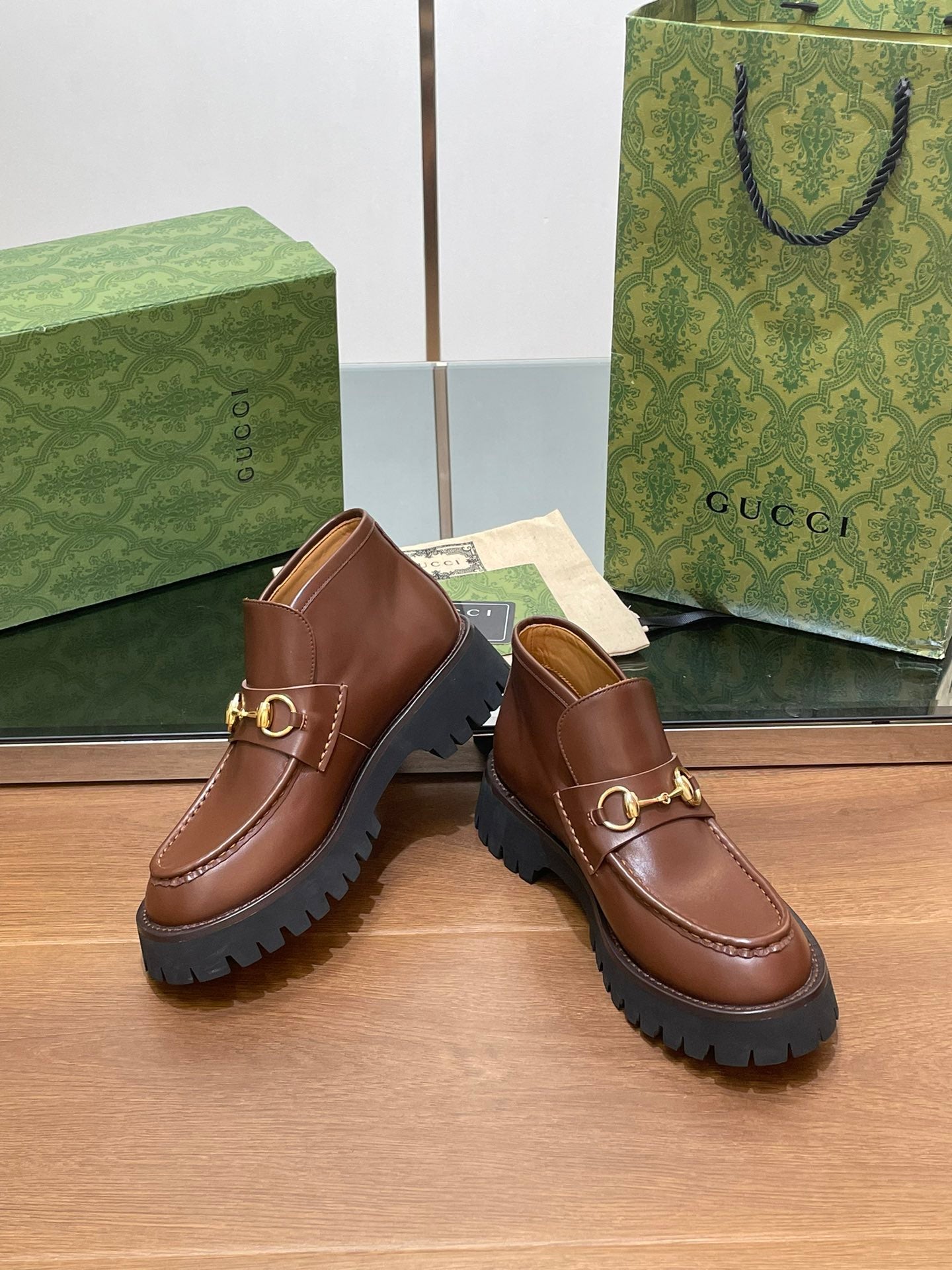 GUCCI HORSEBIT ANKLE BOOTS 4.5CM IN RUSSET BROWN CALFSKIN