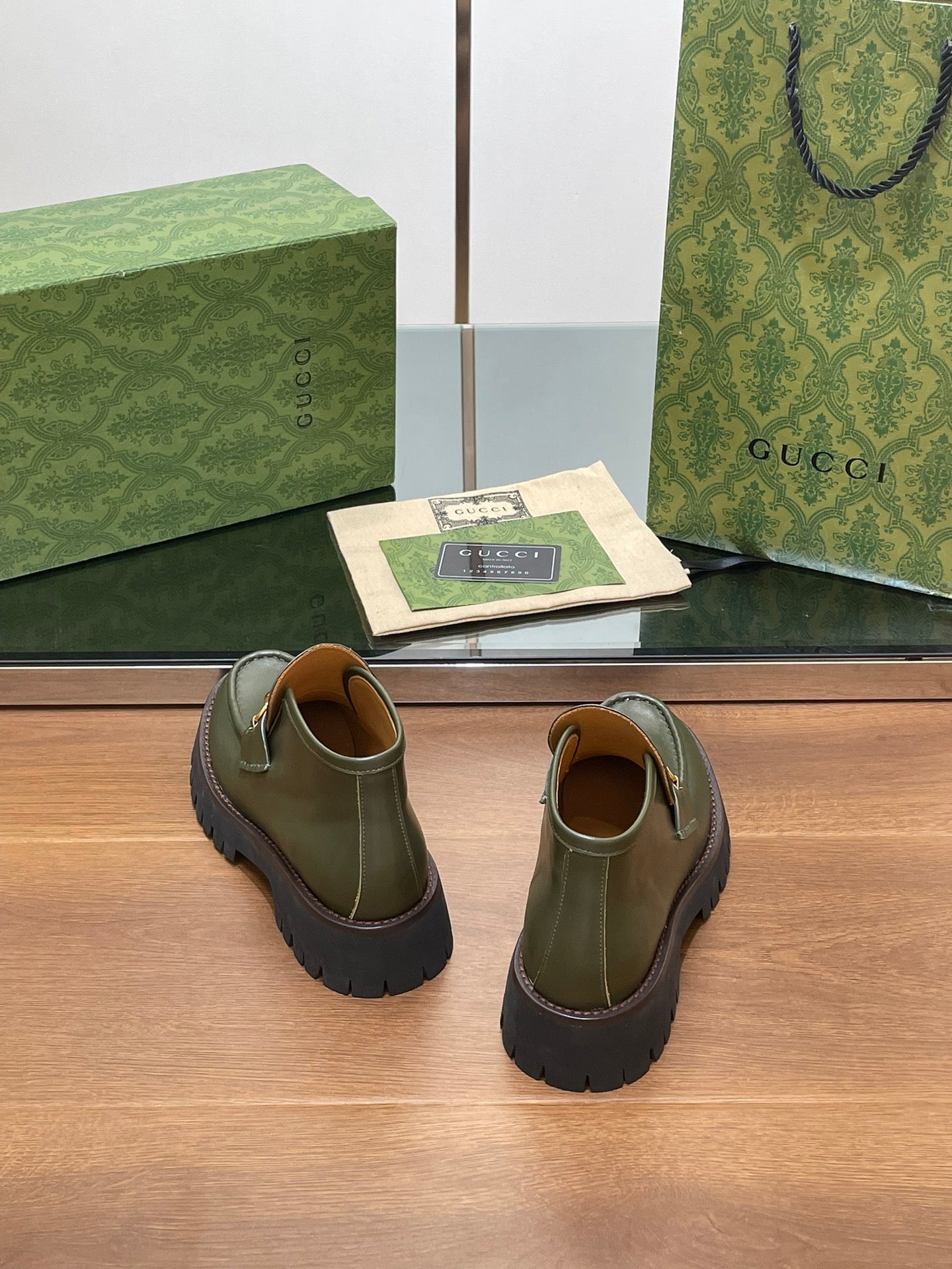 GUCCI HORSEBIT ANKLE BOOTS 4.5CM IN ARMY GREEN CALFSKIN