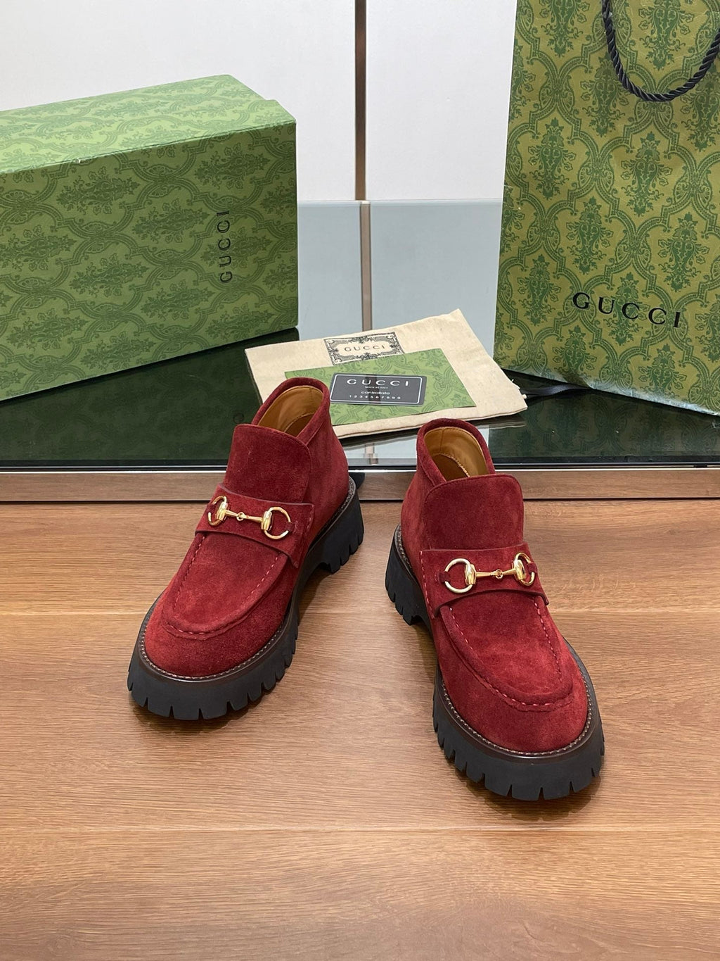 GUCCI WOMEN'S HORSEBIT ANKLE BOOTS 4.5CM IN RED SUEDE