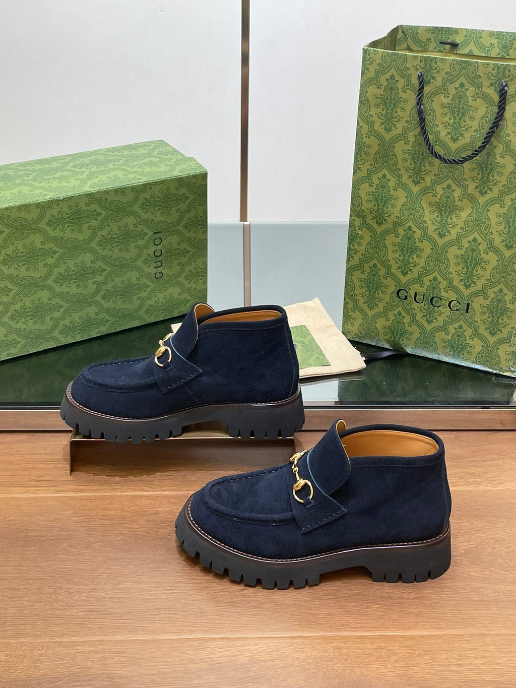 GUCCI WOMEN'S HORSEBIT ANKLE BOOTS 4.5CM IN NAVY BLUE SUEDE