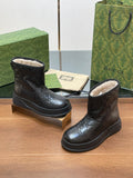 GUCCI U BOOTS IN BLACK EMBOSSED DEERSKIN AND BEIGE WOOL LINING