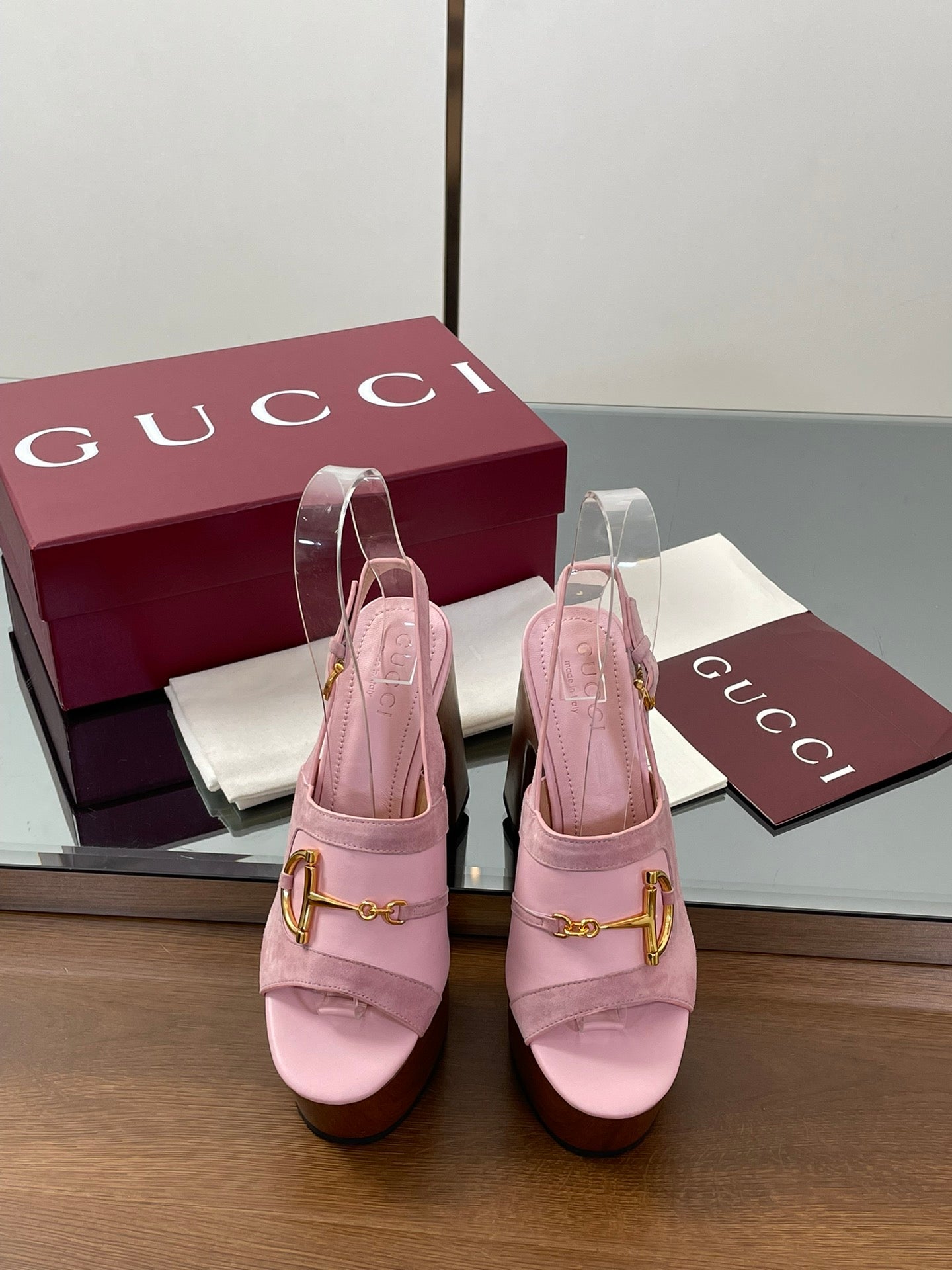 GUCCI HIGH HEEL SANDALS 13 CM IN PINK CALFSKIN MIX SUEDUE GOLD HARDWARE