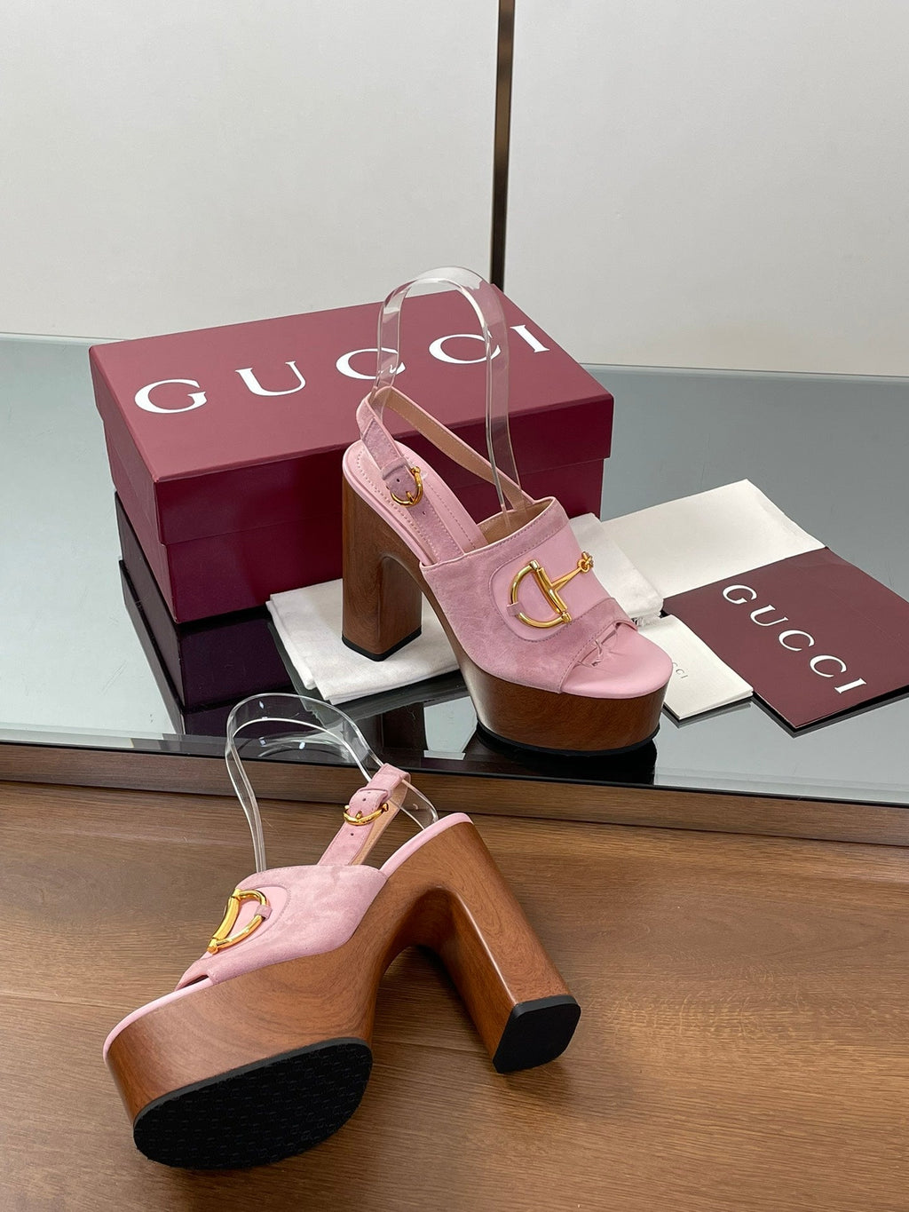 GUCCI HIGH HEEL SANDALS 13 CM IN PINK CALFSKIN MIX SUEDUE GOLD HARDWARE