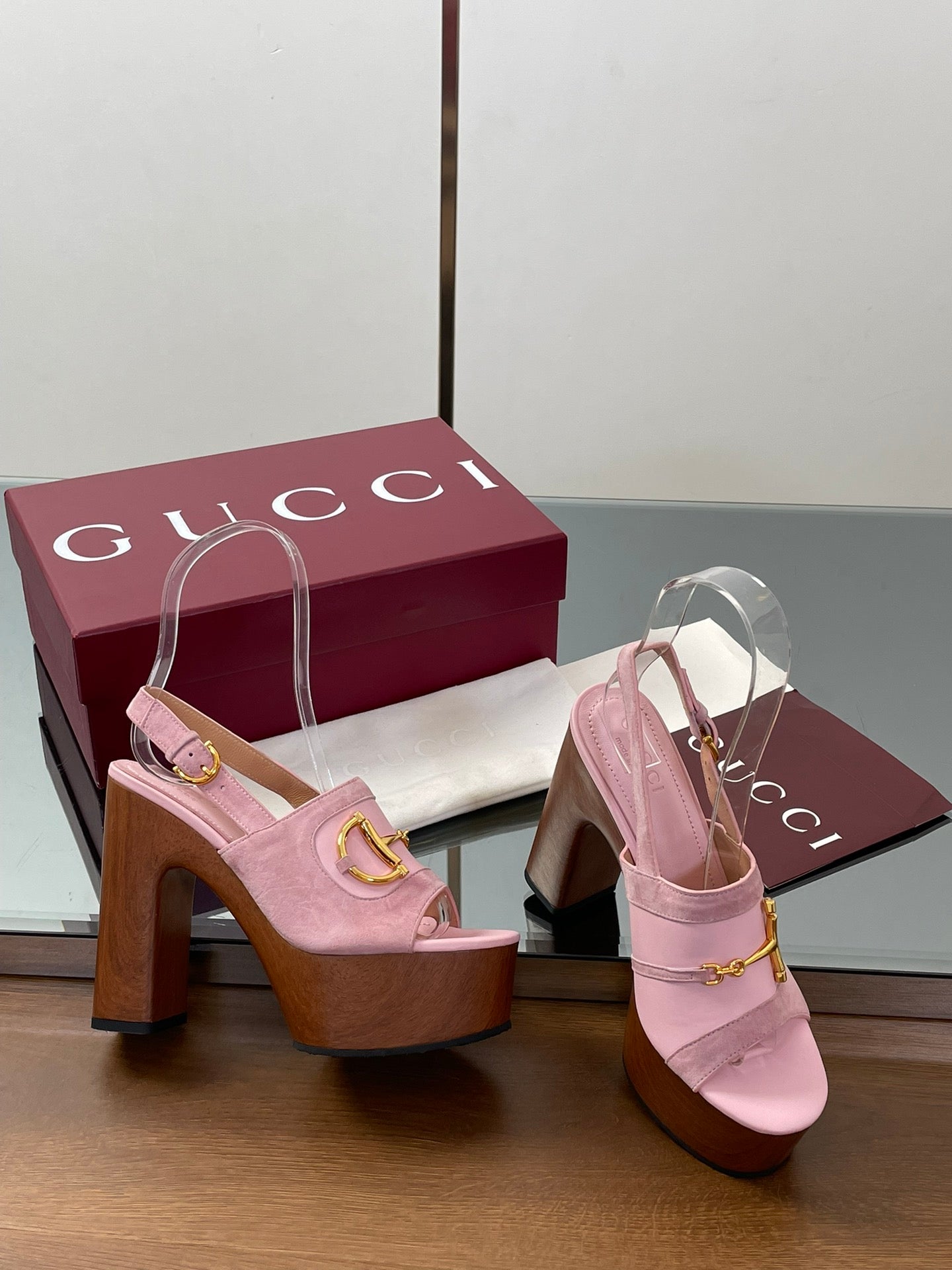 GUCCI HIGH HEEL SANDALS 13 CM IN PINK CALFSKIN MIX SUEDUE GOLD HARDWARE