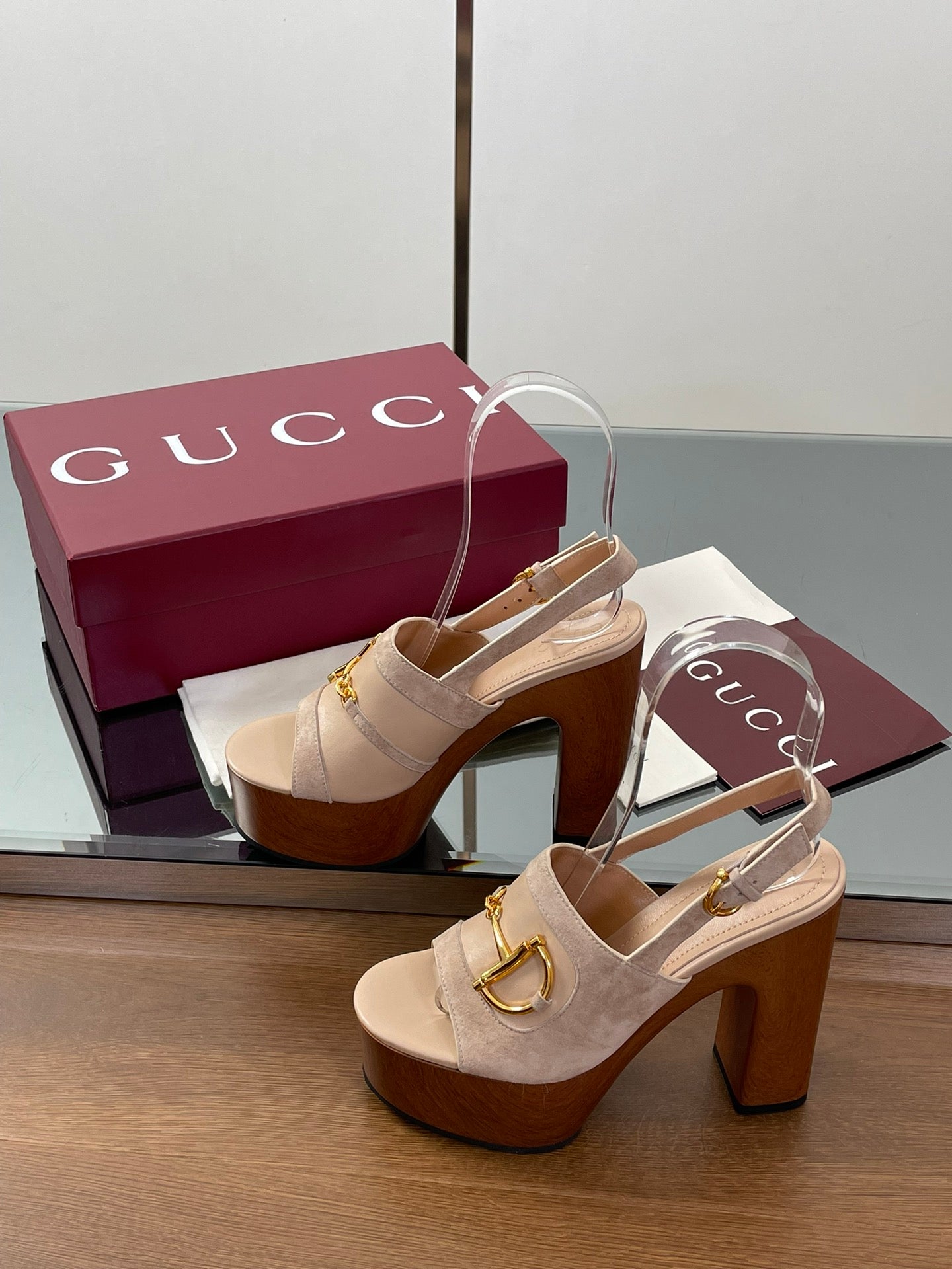 GUCCI HIGH HEEL SANDALS 13 CM IN BEIGE CALFSKIN MIX SUEDUE GOLD HARDWARE