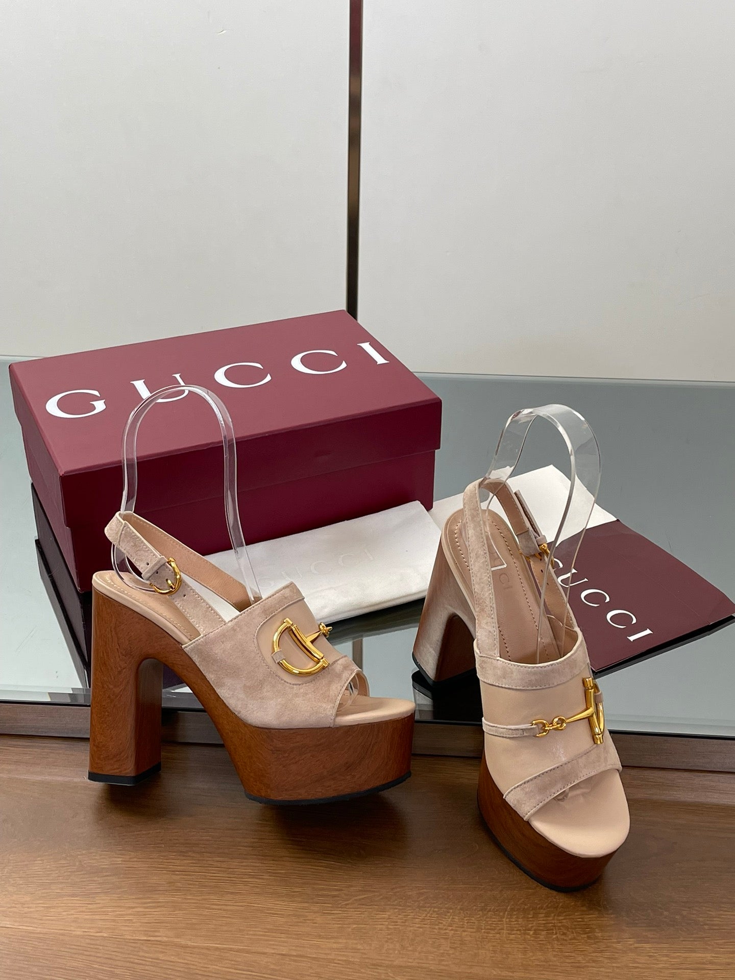 GUCCI HIGH HEEL SANDALS 13 CM IN BEIGE CALFSKIN MIX SUEDUE GOLD HARDWARE