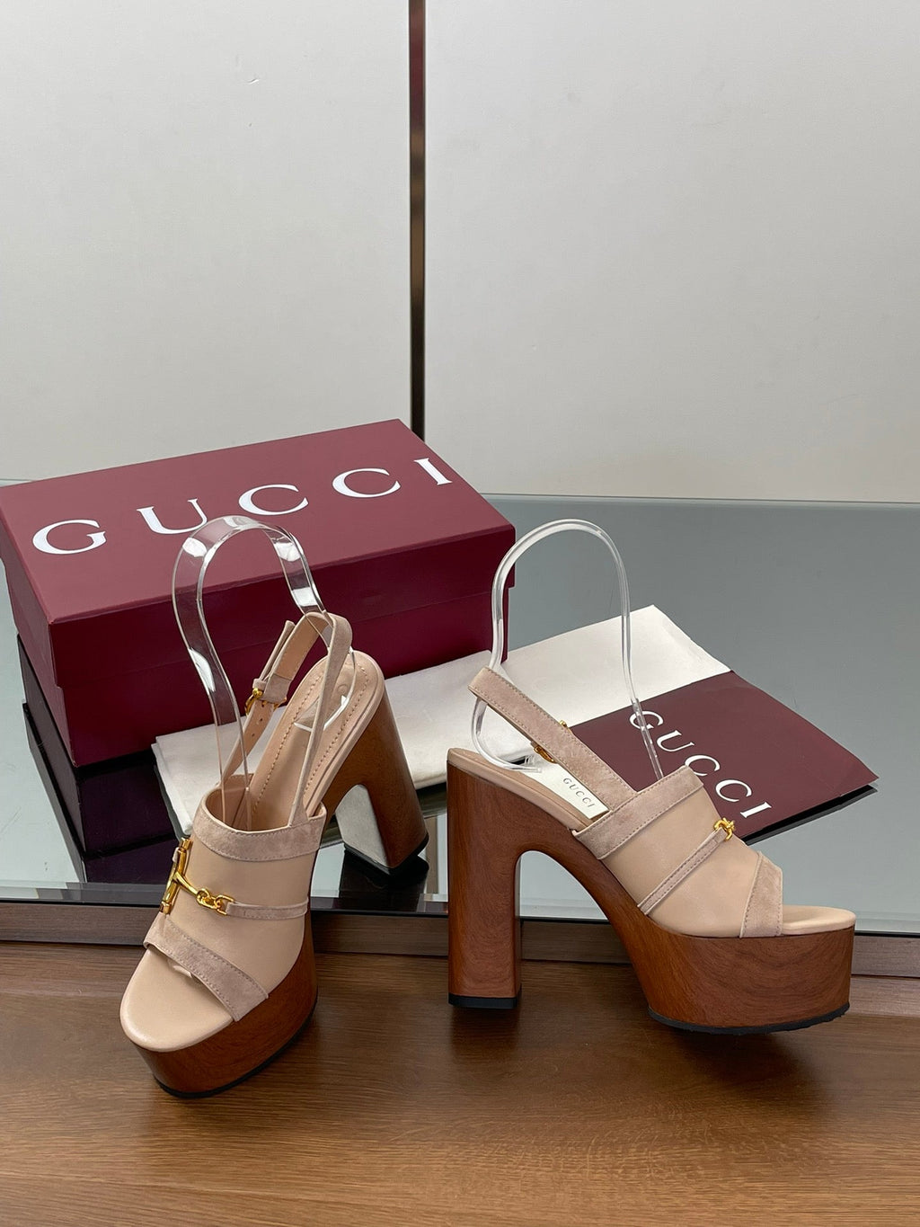 GUCCI HIGH HEEL SANDALS 13 CM IN BEIGE CALFSKIN MIX SUEDUE GOLD HARDWARE