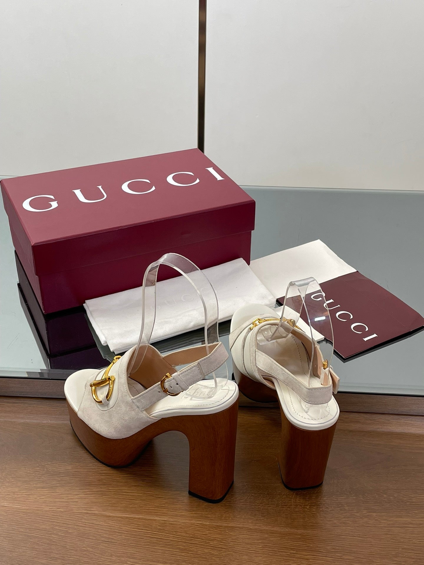 GUCCI HIGH HEEL SANDALS 13 CM IN CREAM WHITE CALFSKIN MIX SUEDUE GOLD HARDWARE