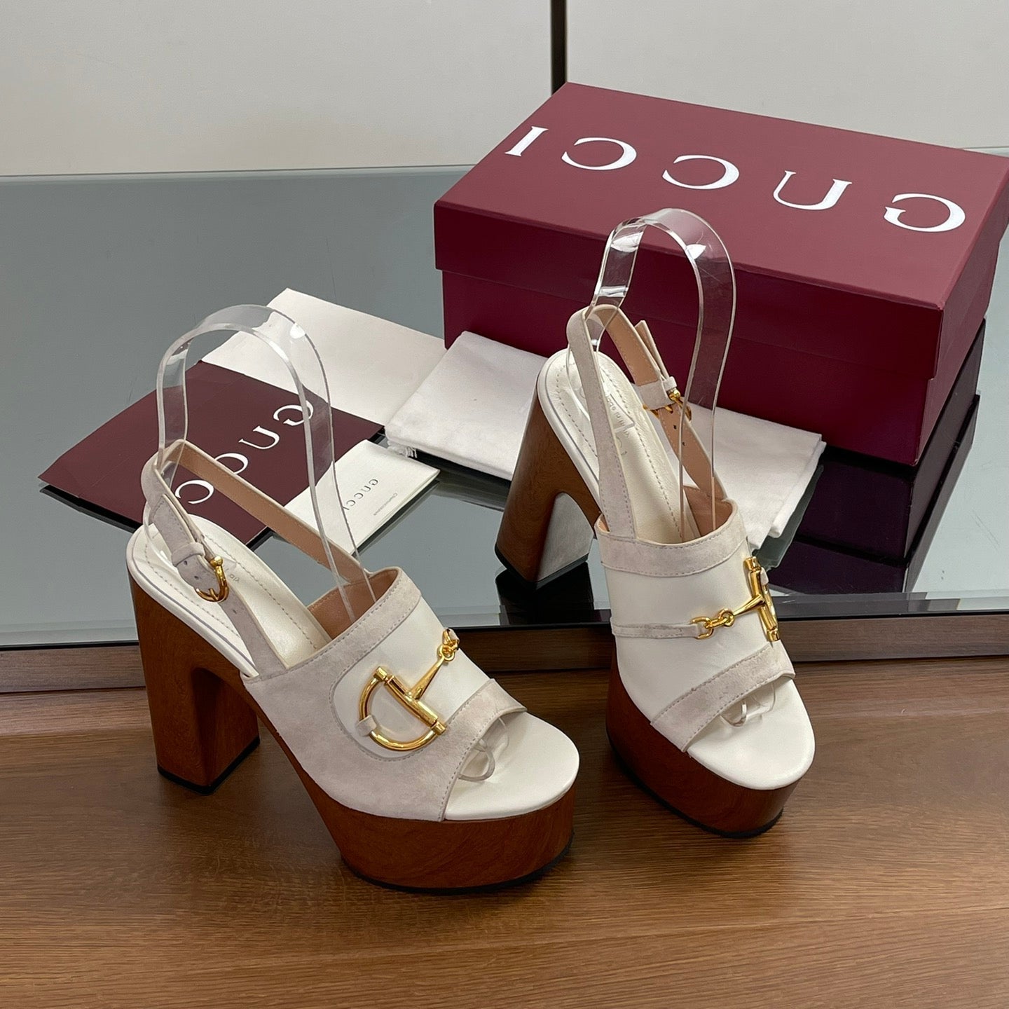 GUCCI HIGH HEEL SANDALS 13 CM IN CREAM WHITE CALFSKIN MIX SUEDUE GOLD HARDWARE