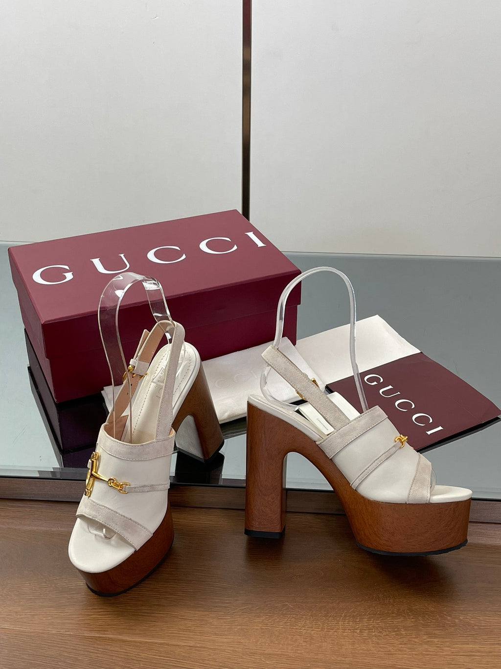 GUCCI HIGH HEEL SANDALS 13 CM IN CREAM WHITE CALFSKIN MIX SUEDUE GOLD HARDWARE