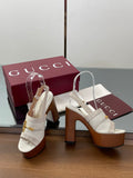 GUCCI HIGH HEEL SANDALS 13 CM IN CREAM WHITE CALFSKIN MIX SUEDUE GOLD HARDWARE