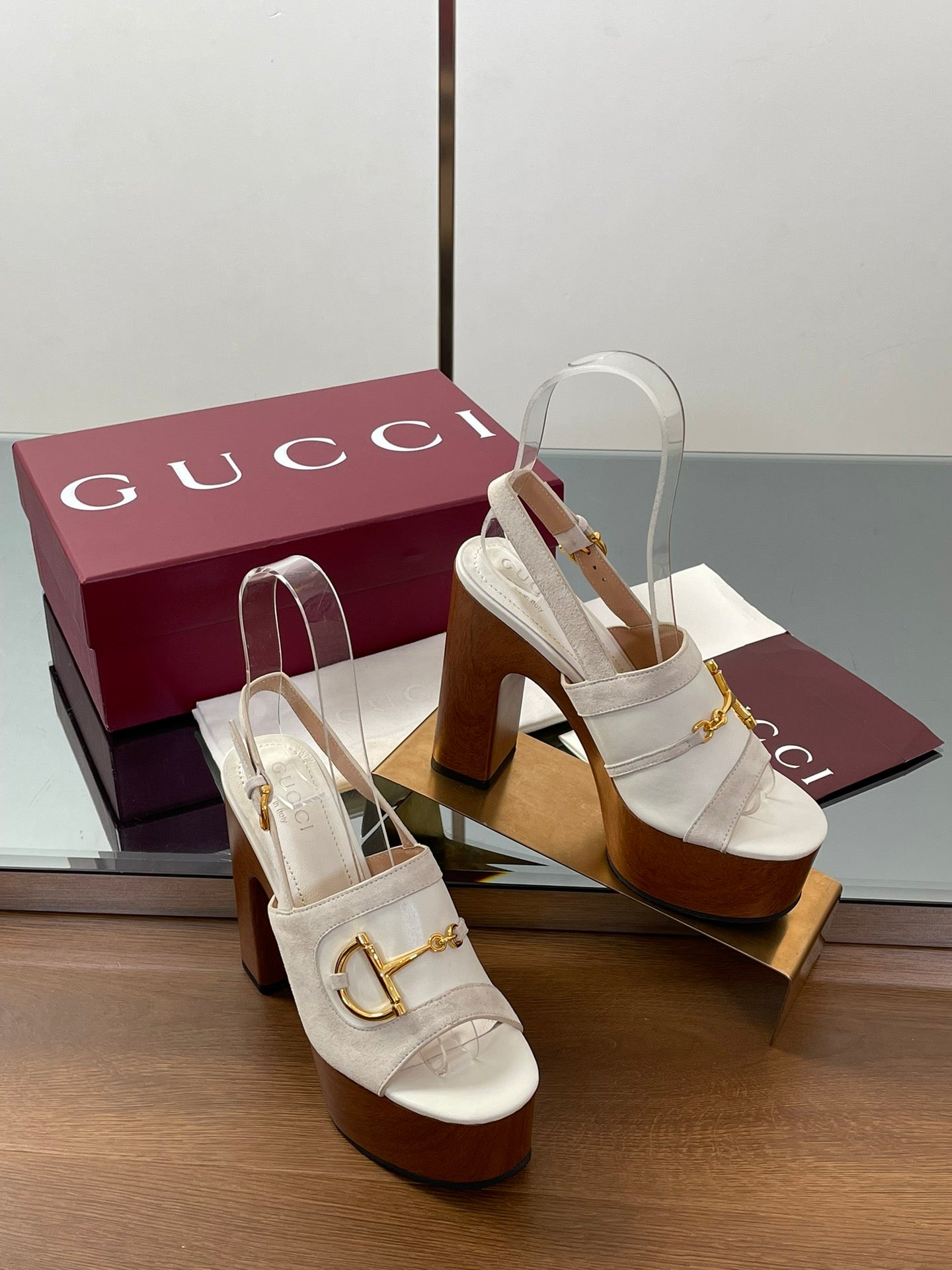 GUCCI HIGH HEEL SANDALS 13 CM IN CREAM WHITE CALFSKIN MIX SUEDUE GOLD HARDWARE