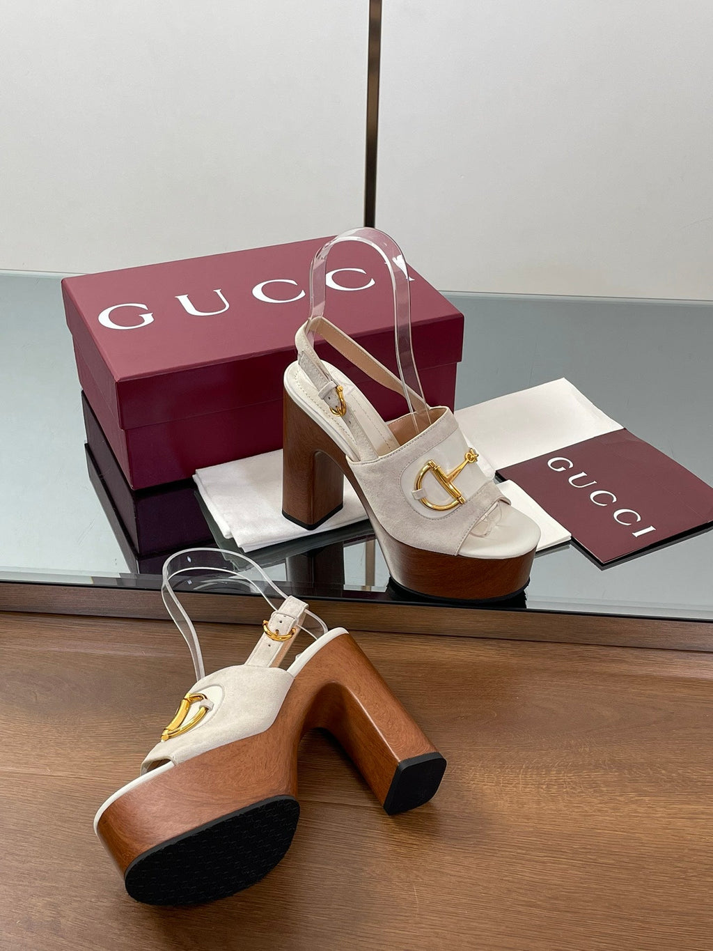 GUCCI HIGH HEEL SANDALS 13 CM IN CREAM WHITE CALFSKIN MIX SUEDUE GOLD HARDWARE