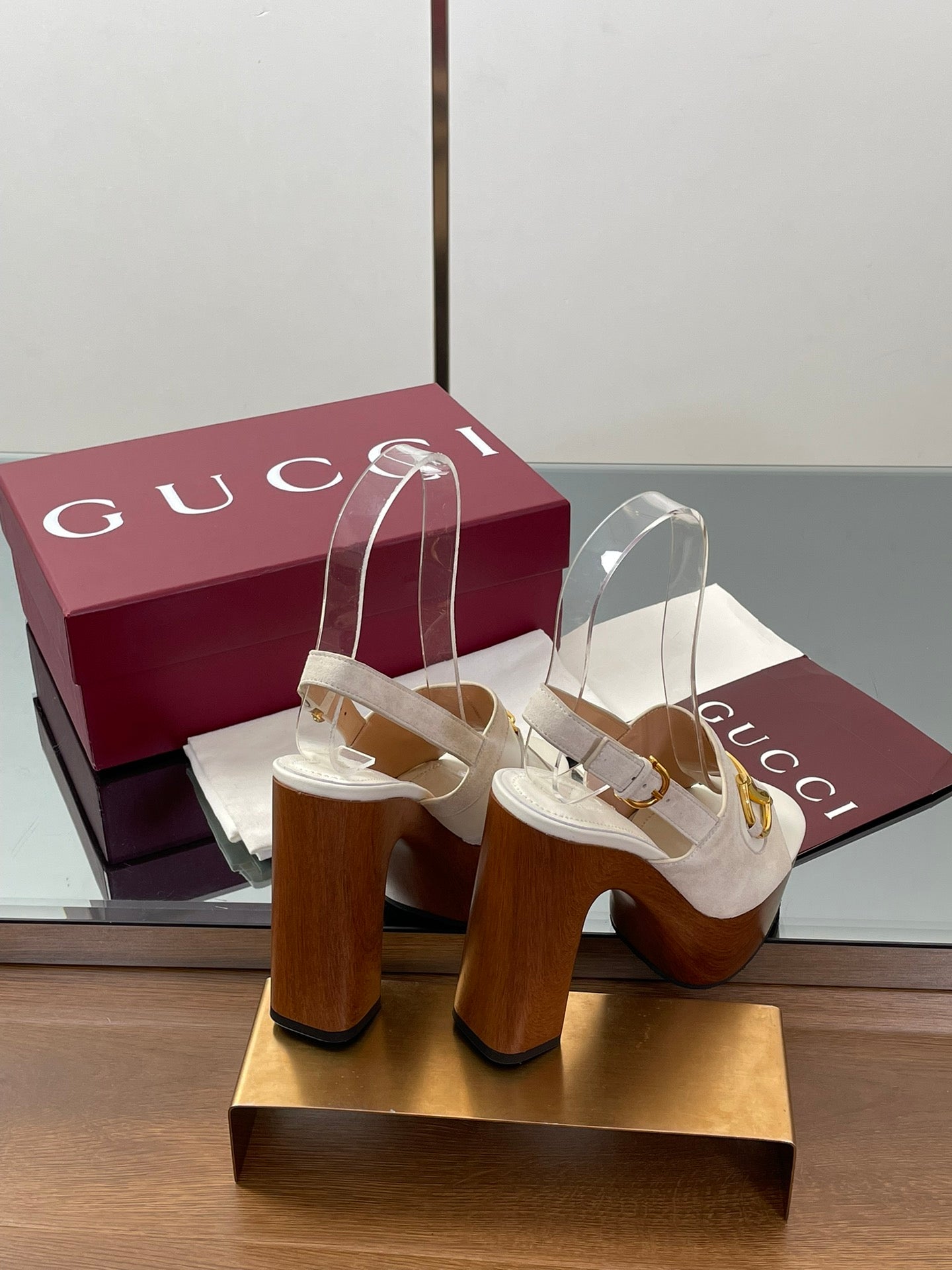 GUCCI HIGH HEEL SANDALS 13 CM IN CREAM WHITE CALFSKIN MIX SUEDUE GOLD HARDWARE