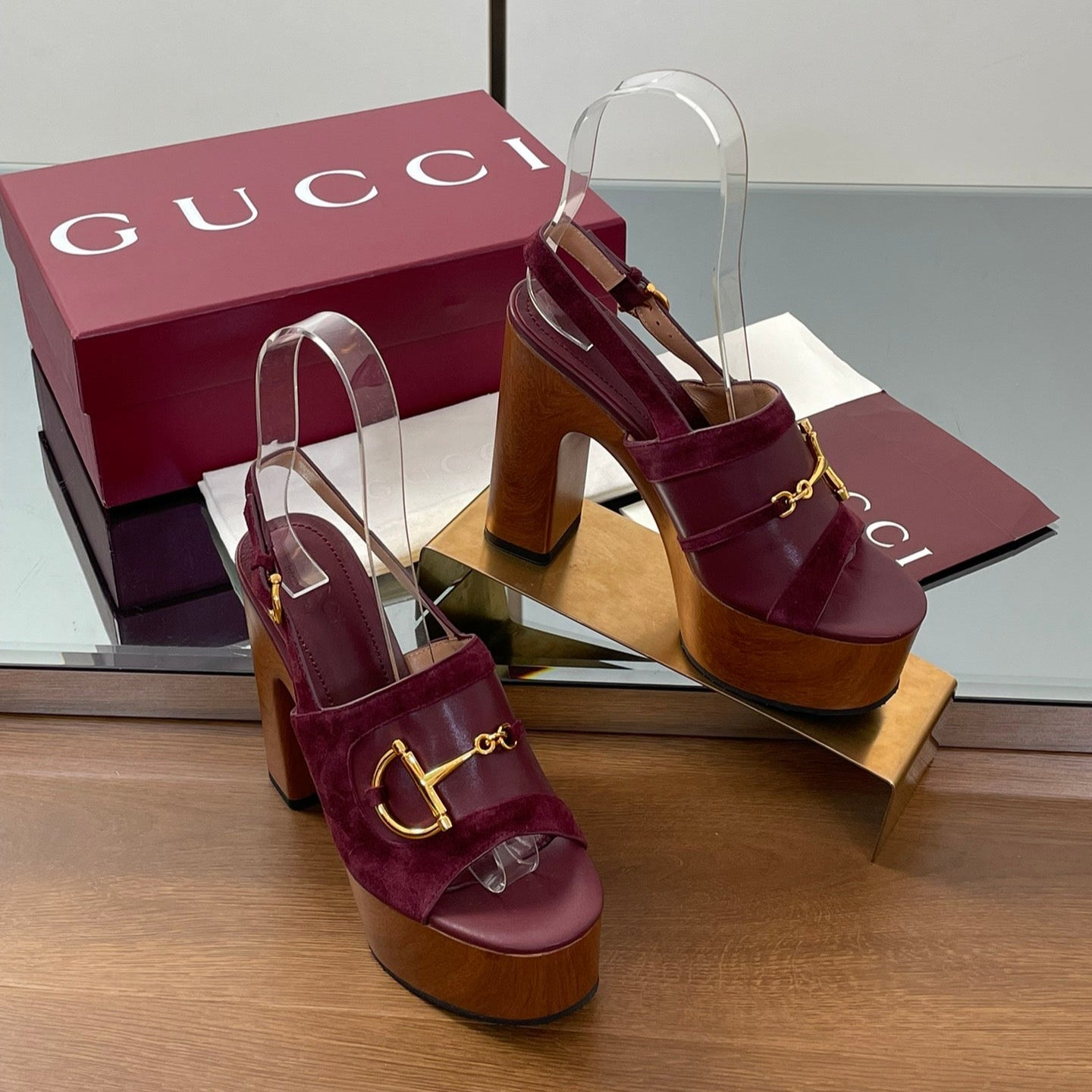 GUCCI HIGH HEEL SANDALS 13 CM IN DARK RED CALFSKIN MIX SUEDUE GOLD HARDWARE