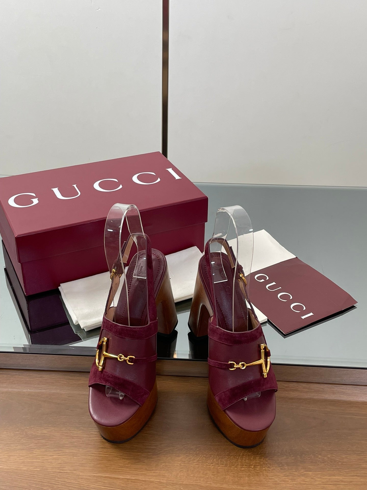 GUCCI HIGH HEEL SANDALS 13 CM IN DARK RED CALFSKIN MIX SUEDUE GOLD HARDWARE