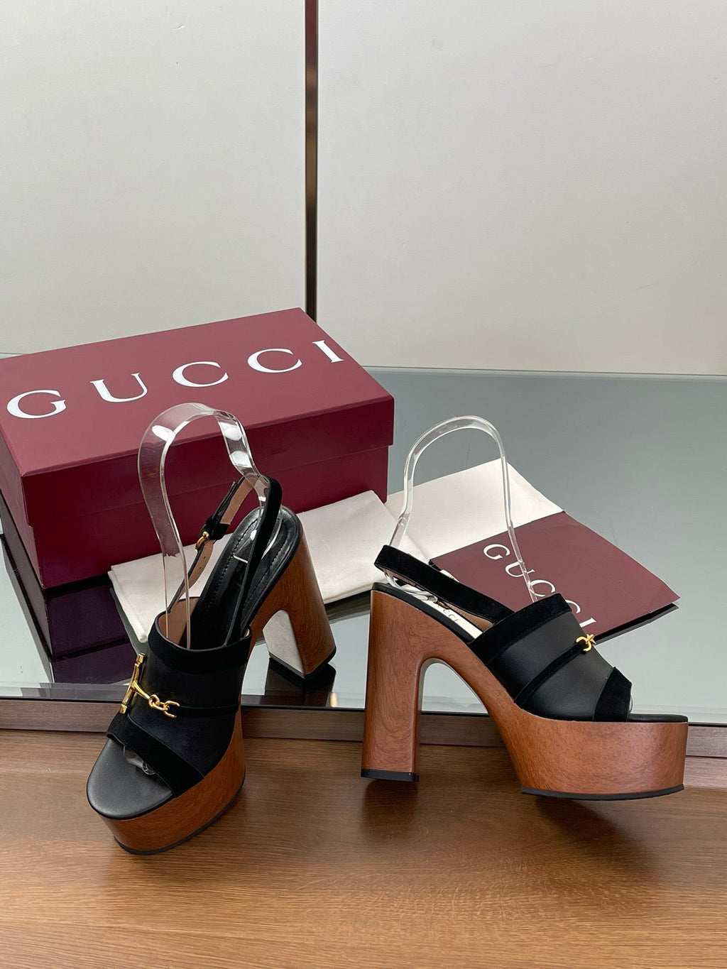 GUCCI HIGH HEEL SANDALS 13 CM IN BLACK CALFSKIN MIX SUEDUE GOLD HARDWARE
