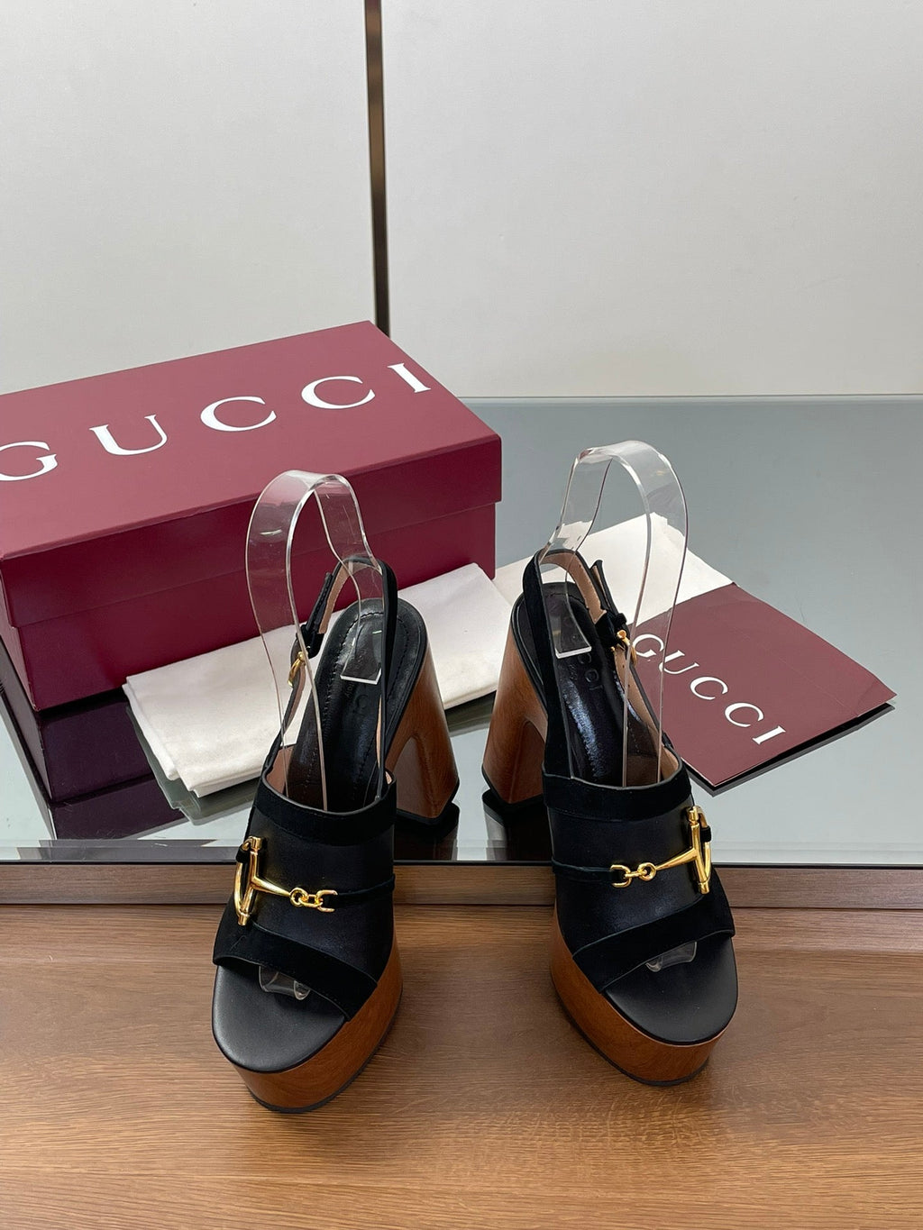 GUCCI HIGH HEEL SANDALS 13 CM IN BLACK CALFSKIN MIX SUEDUE GOLD HARDWARE