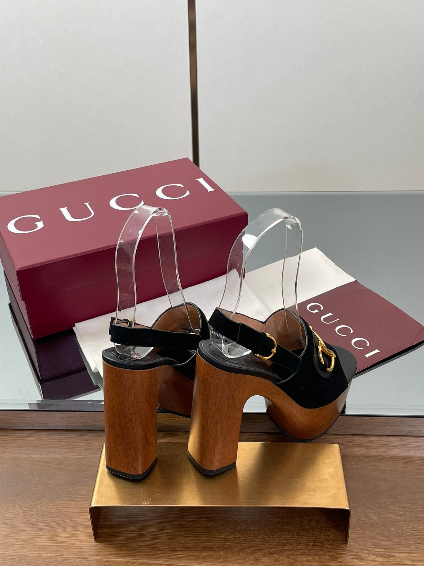 GUCCI HIGH HEEL SANDALS 13 CM IN BLACK CALFSKIN MIX SUEDUE GOLD HARDWARE