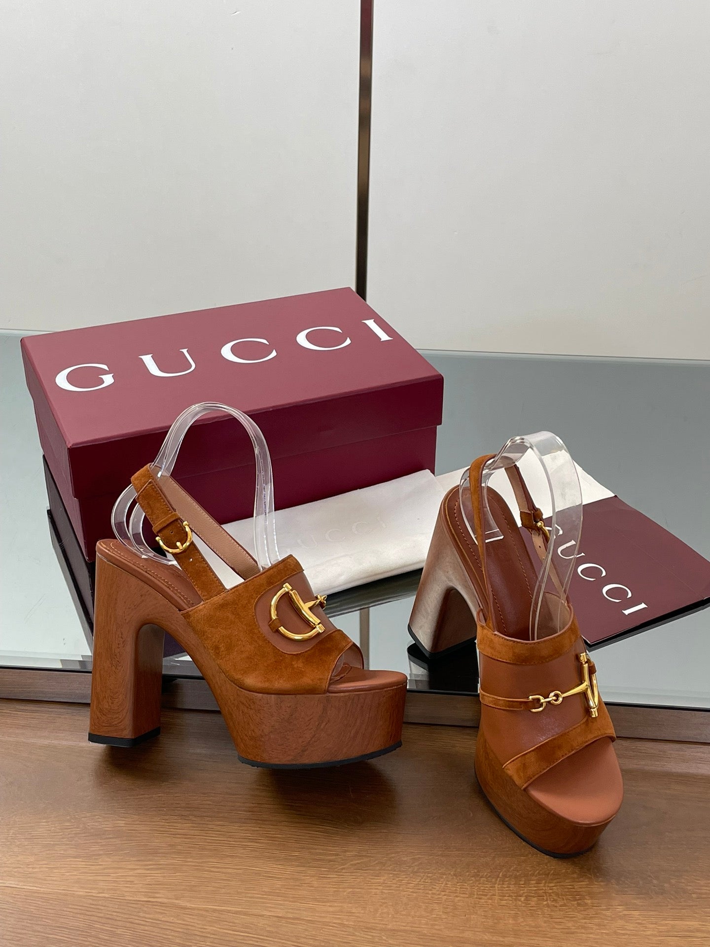 GUCCI HIGH HEEL SANDALS 13 CM IN BROWN CALFSKIN MIX SUEDUE GOLD HARDWARE