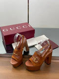 GUCCI HIGH HEEL SANDALS 13 CM IN BROWN CALFSKIN MIX SUEDUE GOLD HARDWARE