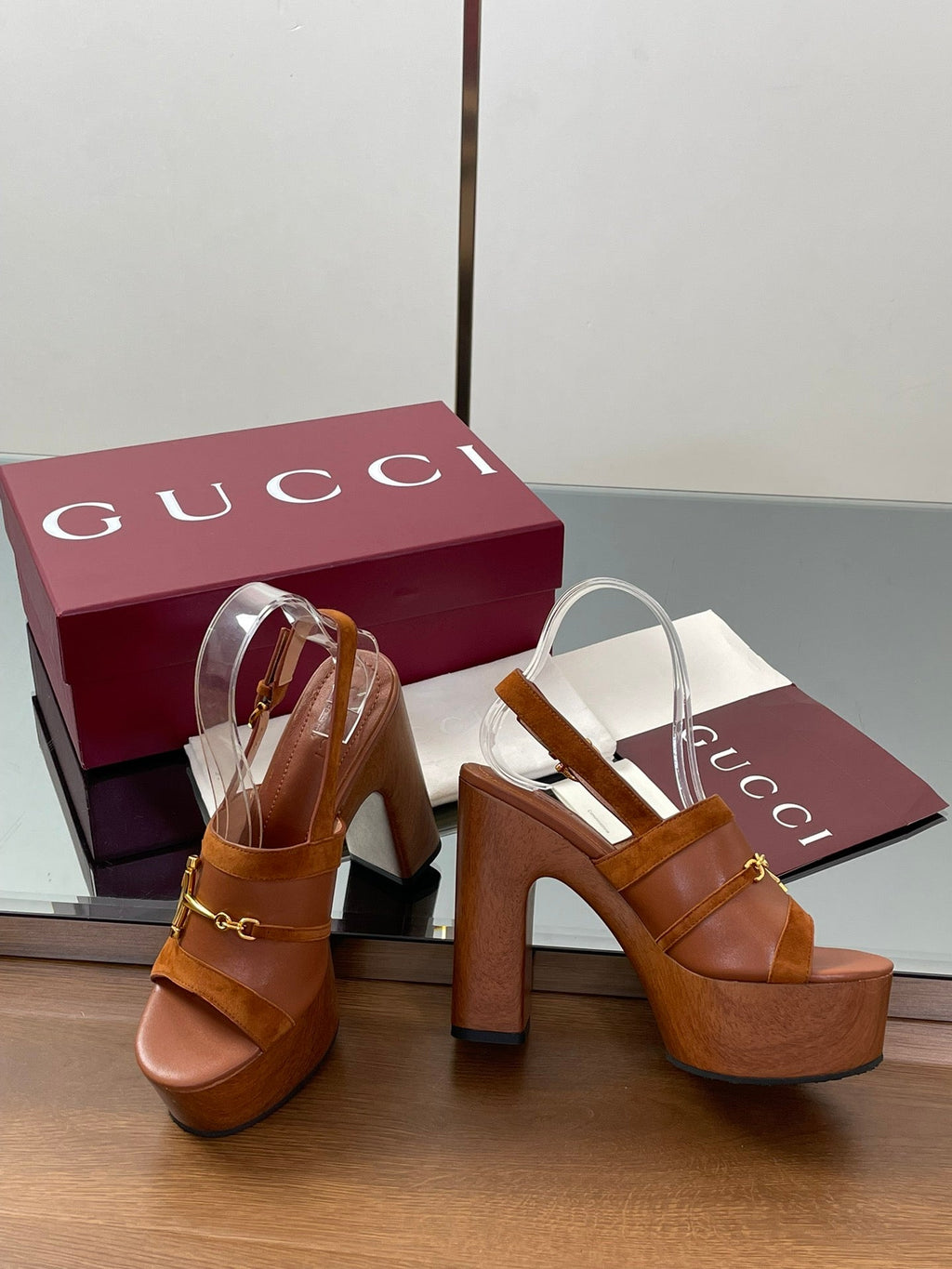 GUCCI HIGH HEEL SANDALS 13 CM IN BROWN CALFSKIN MIX SUEDUE GOLD HARDWARE