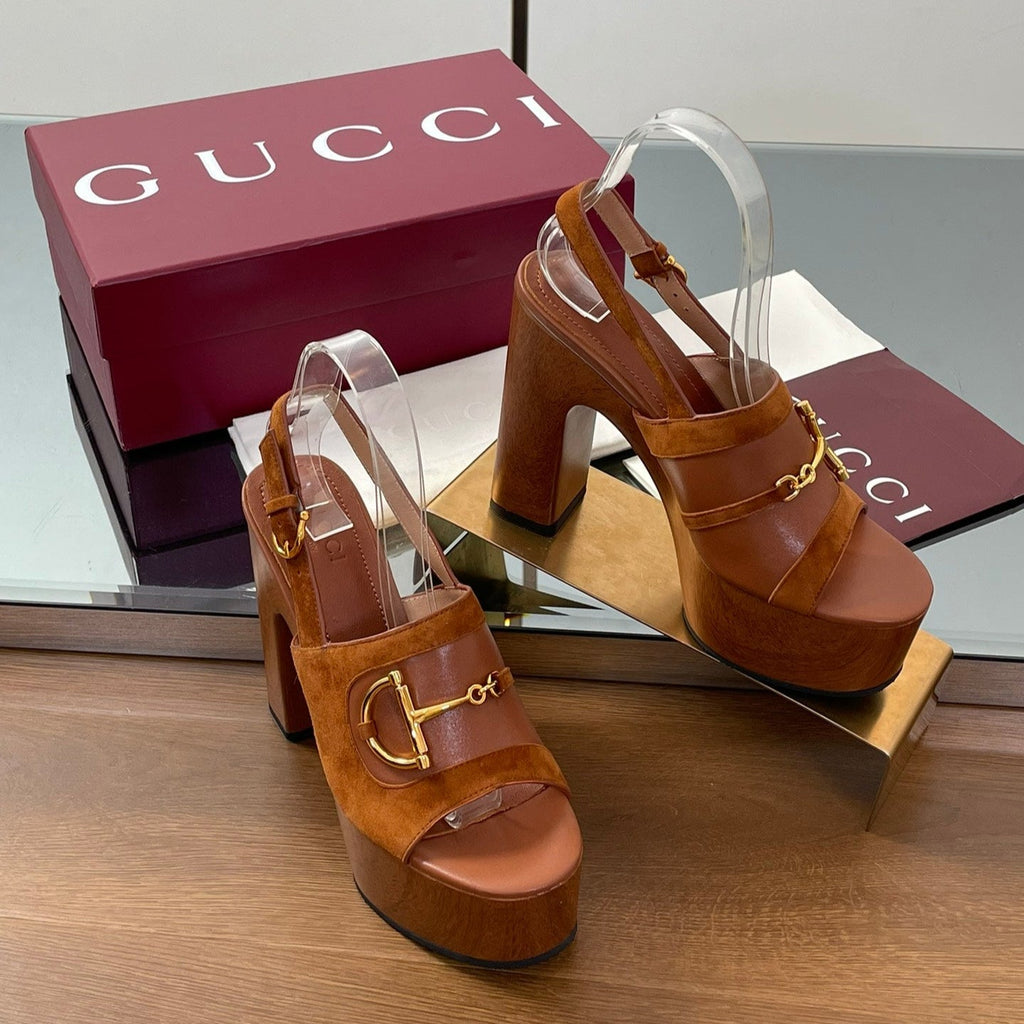 GUCCI HIGH HEEL SANDALS 13 CM IN BROWN CALFSKIN MIX SUEDUE GOLD HARDWARE