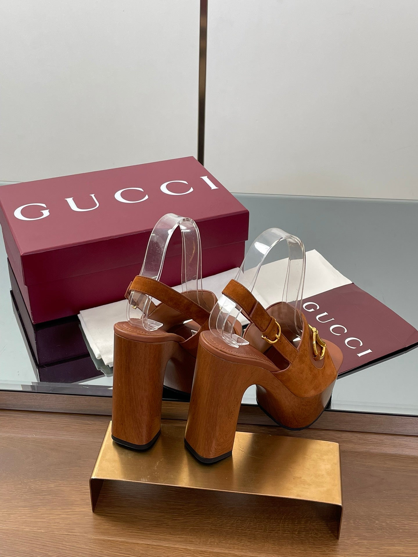 GUCCI HIGH HEEL SANDALS 13 CM IN BROWN CALFSKIN MIX SUEDUE GOLD HARDWARE