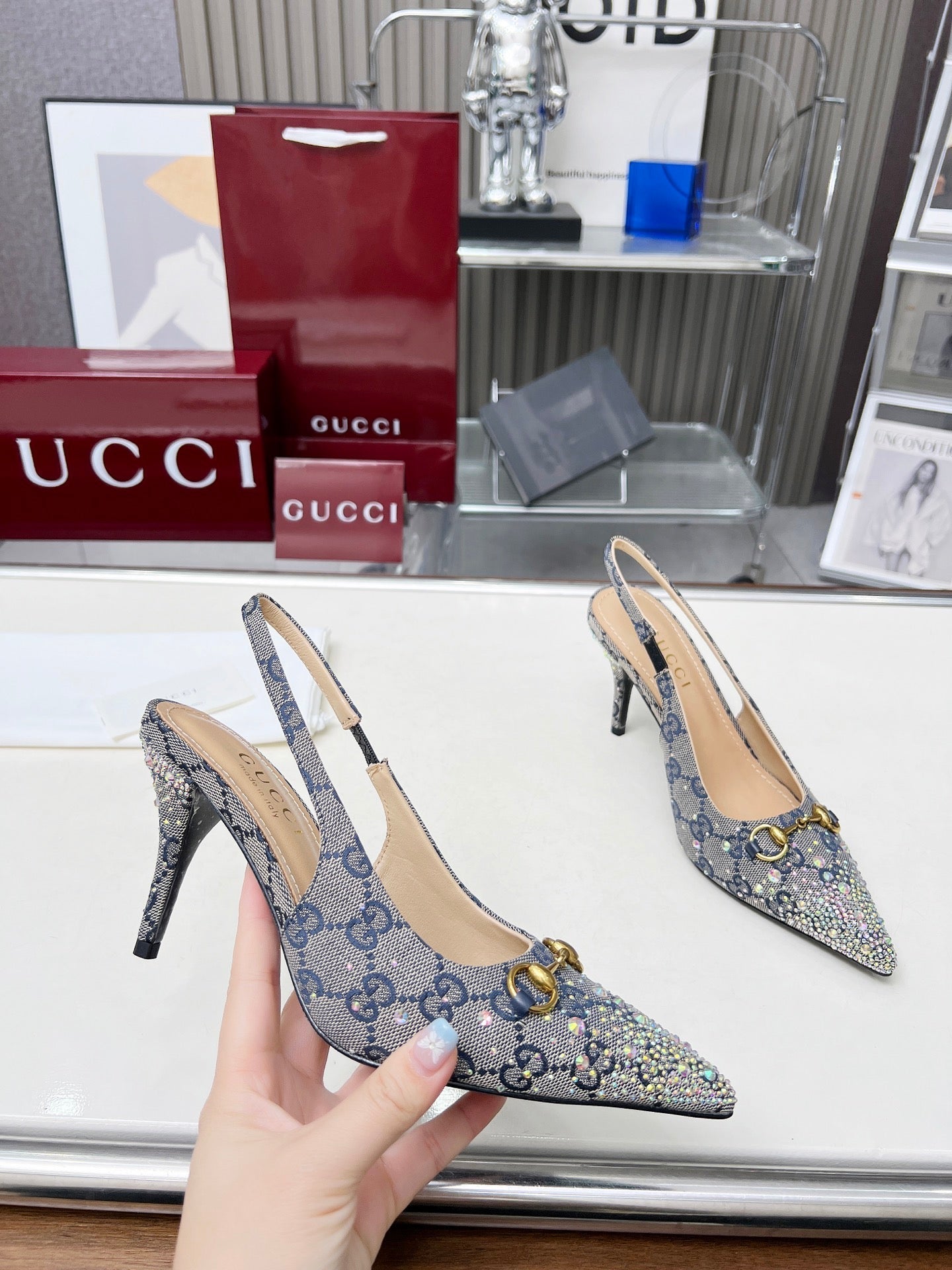 GUCCI HORSEBIT SLINGBACKS IN DOVE GRAY MONOGRAM FABRIC WITH CRYSTALS