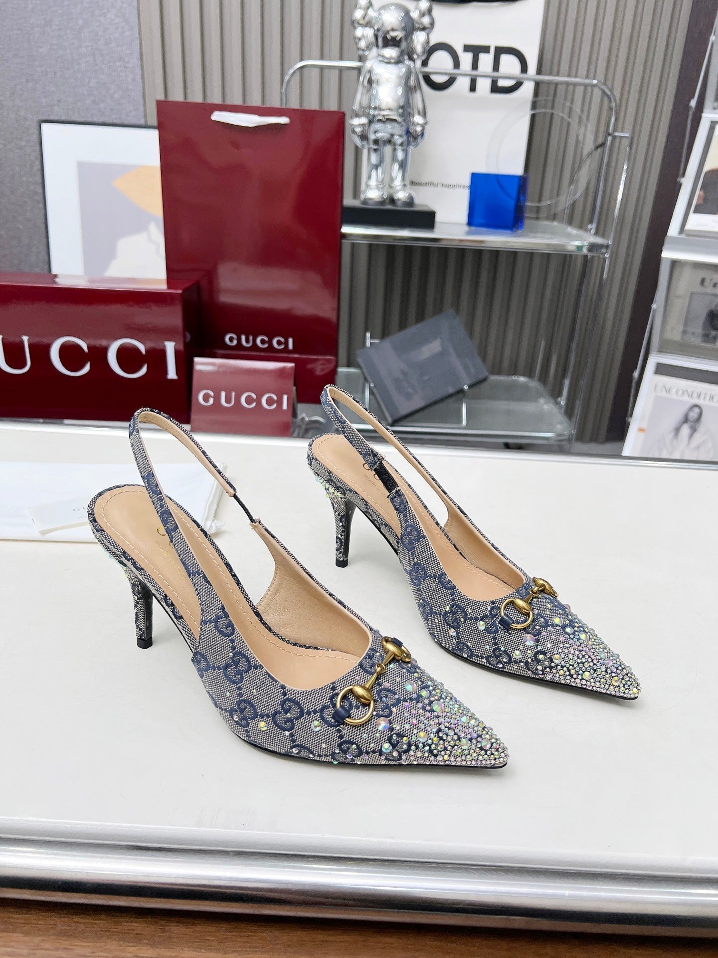 GUCCI HORSEBIT SLINGBACKS IN DOVE GRAY MONOGRAM FABRIC WITH CRYSTALS