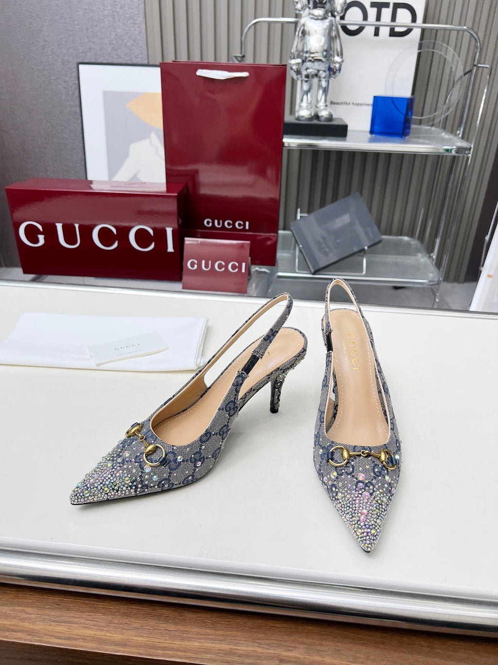 GUCCI HORSEBIT SLINGBACKS IN DOVE GRAY MONOGRAM FABRIC WITH CRYSTALS