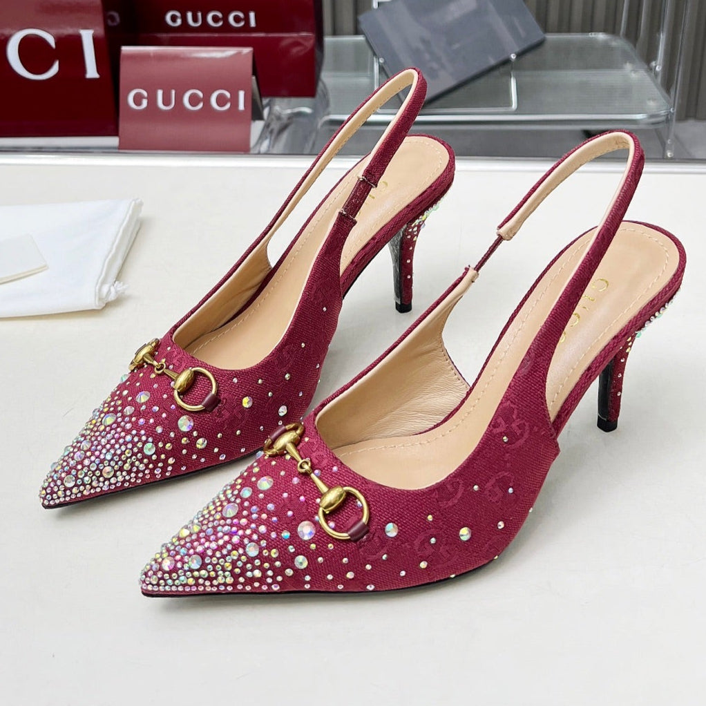 GUCCI HORSEBIT SLINGBACKS IN CHERRY RED MONOGRAM FABRIC WITH CRYSTALS