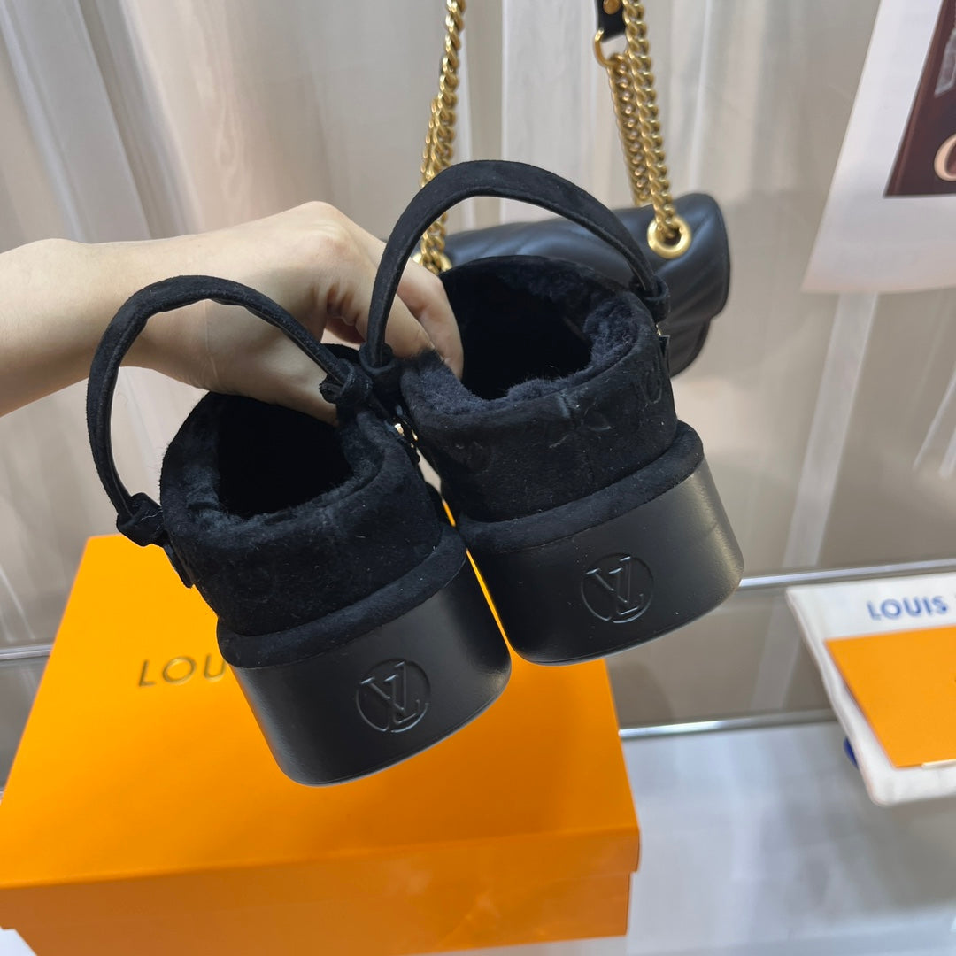 LOUIS VUITTON LV WOMEN'S COSY FLAT COMFORT CLOGS IN BLACK MONOGRAM SUEDE
