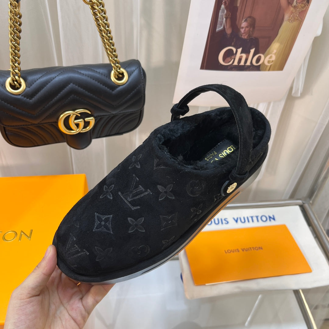 LOUIS VUITTON LV WOMEN'S COSY FLAT COMFORT CLOGS IN BLACK MONOGRAM SUEDE