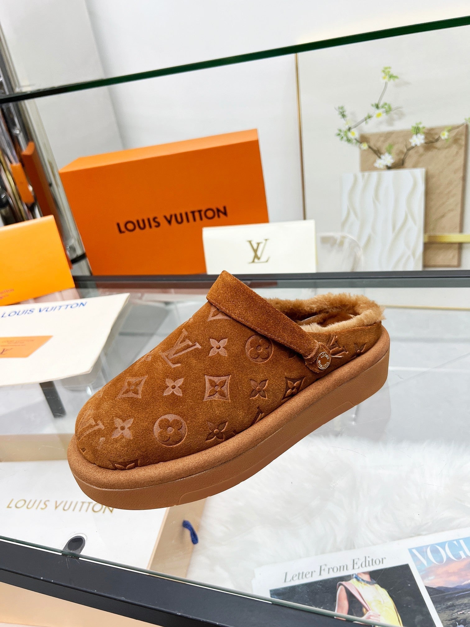 LOUIS VUITTON LV WOMEN'S COSY FLAT COMFORT CLOGS IN RUSSET BROWN MONOGRAM SUEDE