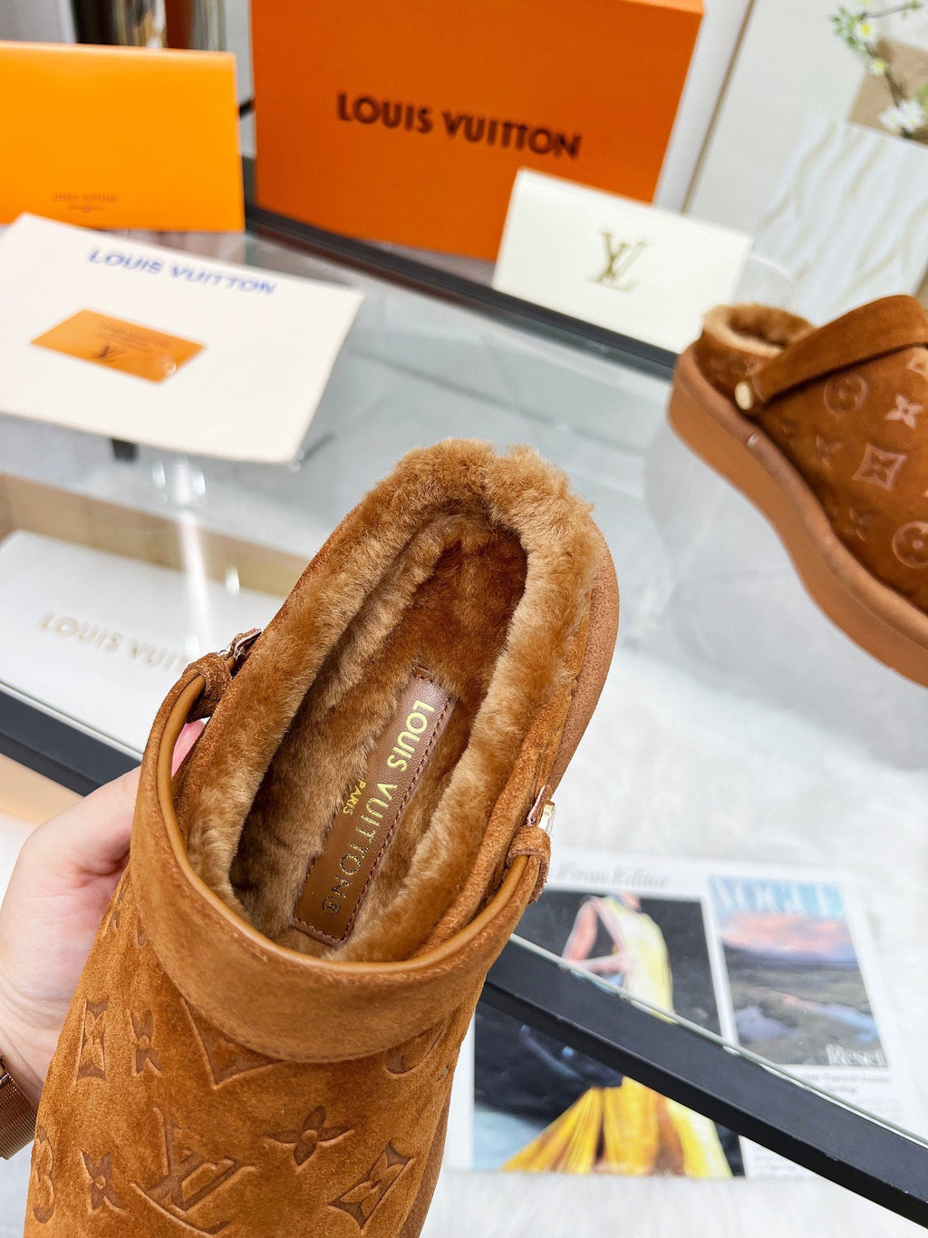 LOUIS VUITTON LV WOMEN'S COSY FLAT COMFORT CLOGS IN RUSSET BROWN MONOGRAM SUEDE