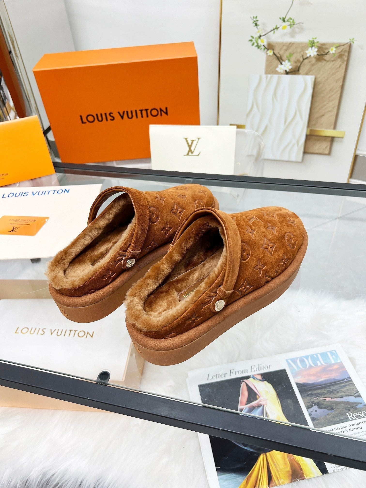 LOUIS VUITTON LV WOMEN'S COSY FLAT COMFORT CLOGS IN RUSSET BROWN MONOGRAM SUEDE