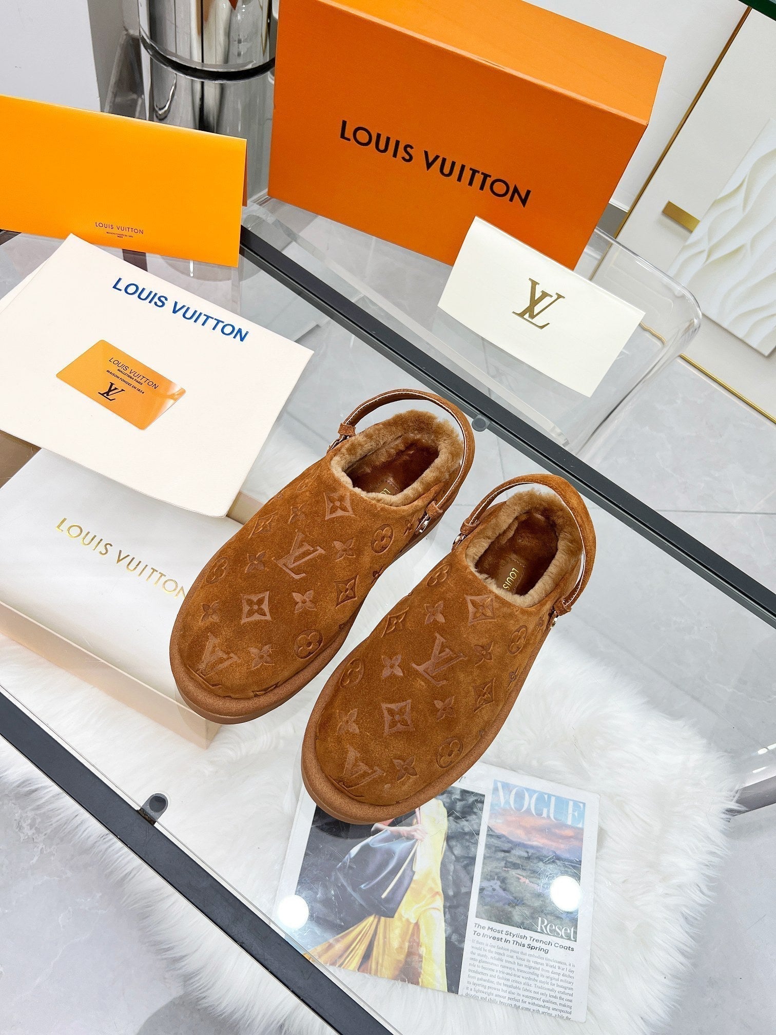 LOUIS VUITTON LV WOMEN'S COSY FLAT COMFORT CLOGS IN RUSSET BROWN MONOGRAM SUEDE