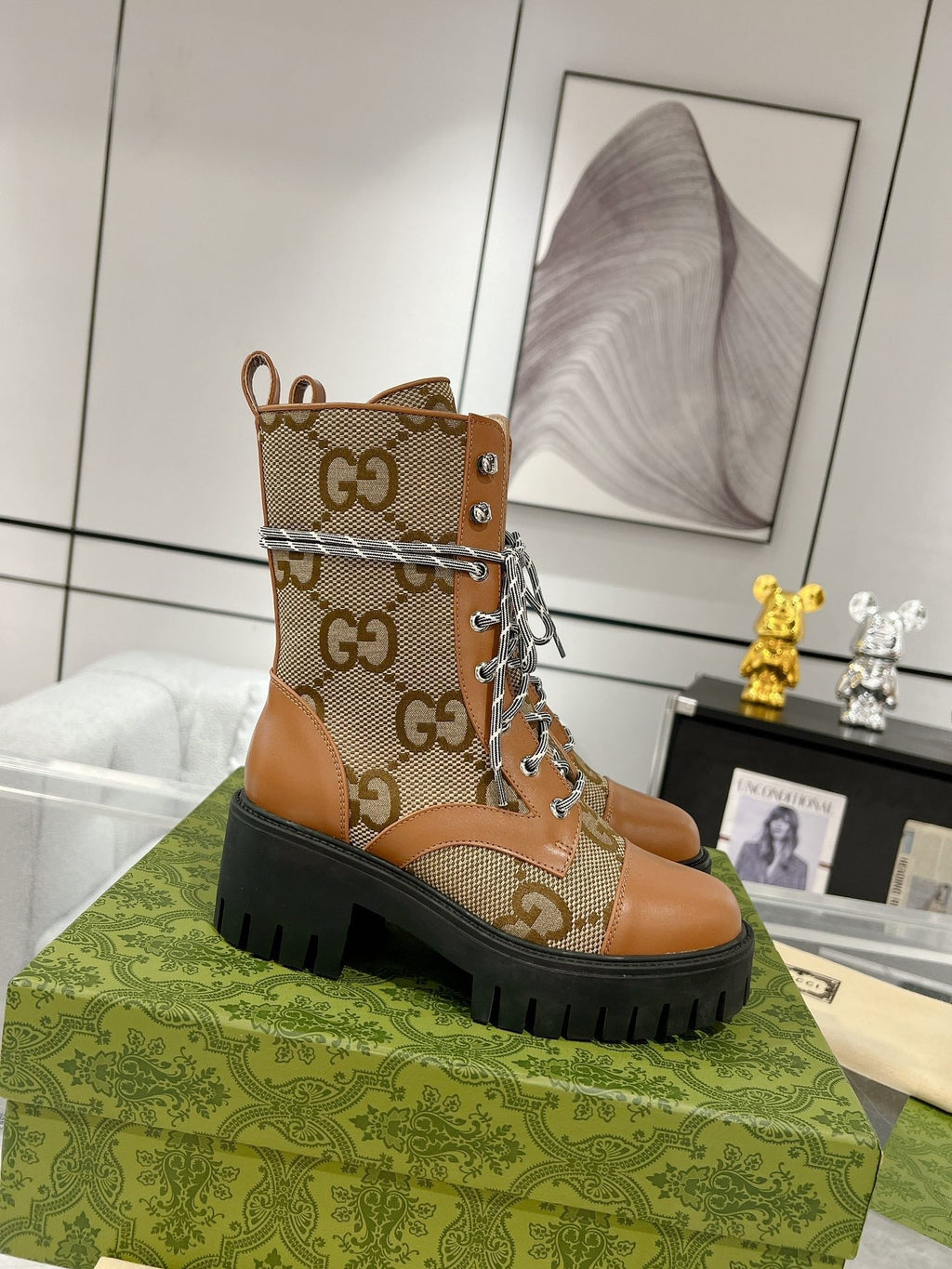 GUCCI LACE-UP SHORT BOOTS IN CINNAMON BROWN CANVAS MIX CALFSKIN