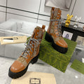 GUCCI LACE-UP SHORT BOOTS IN CINNAMON BROWN CANVAS MIX CALFSKIN