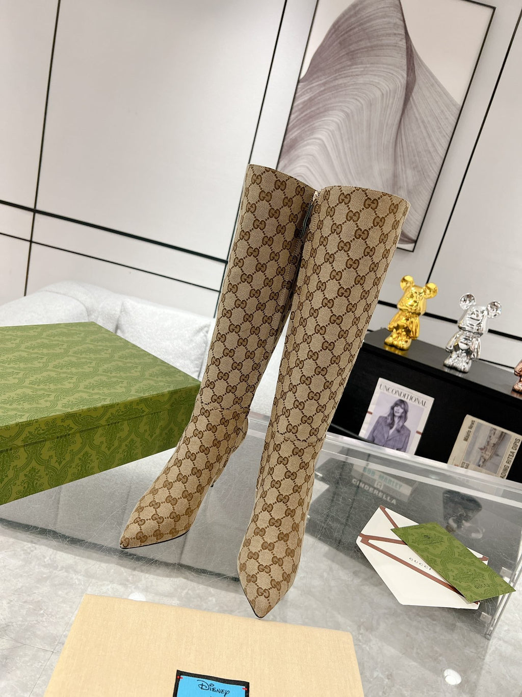 GUCCI KNEE BOOTS IN BEIGE MONOGRAM JACQUARD FABRIC AND CALFSKIN LINING