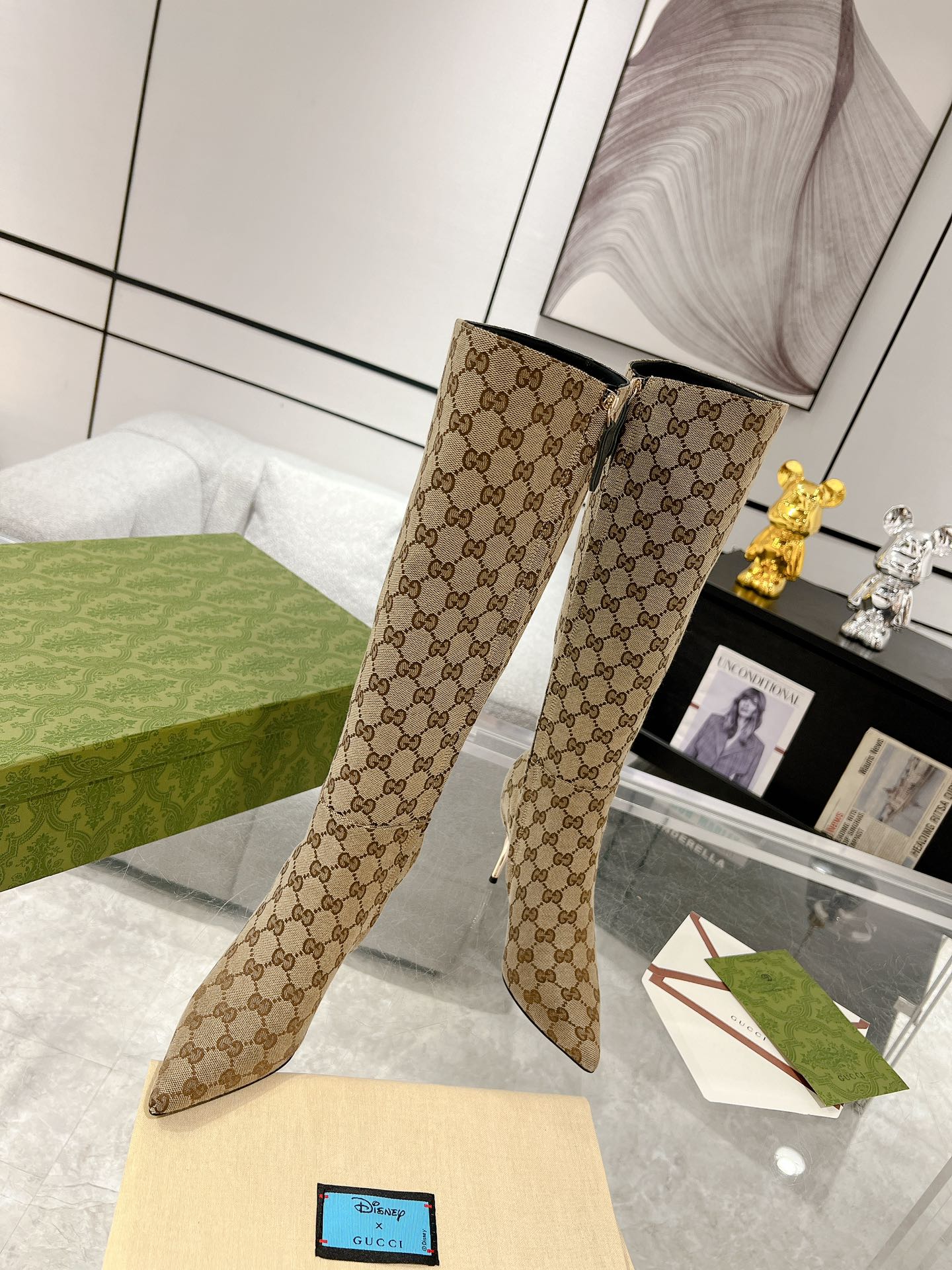 GUCCI KNEE BOOTS IN BEIGE MONOGRAM JACQUARD FABRIC AND CALFSKIN LINING