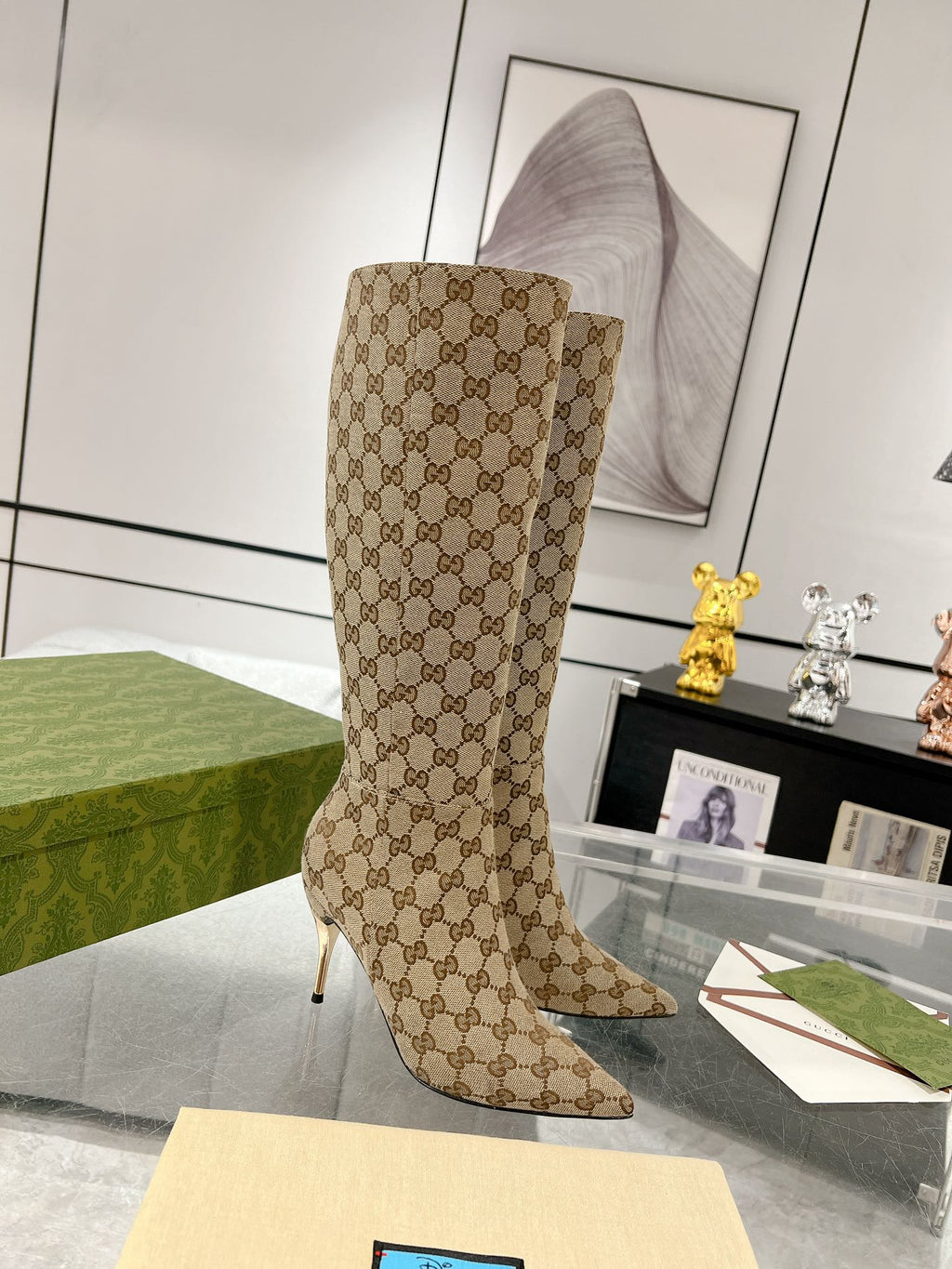 GUCCI KNEE BOOTS IN BEIGE MONOGRAM JACQUARD FABRIC AND CALFSKIN LINING
