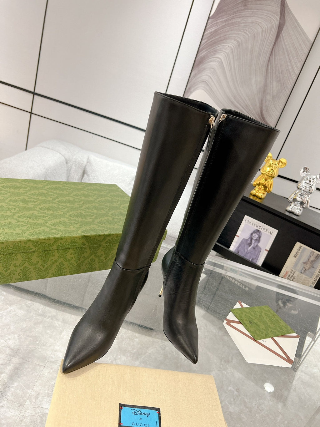GUCCI KNEE BOOTS IN BLACK CALFSKIN WITH GOLD PLATED HEEL