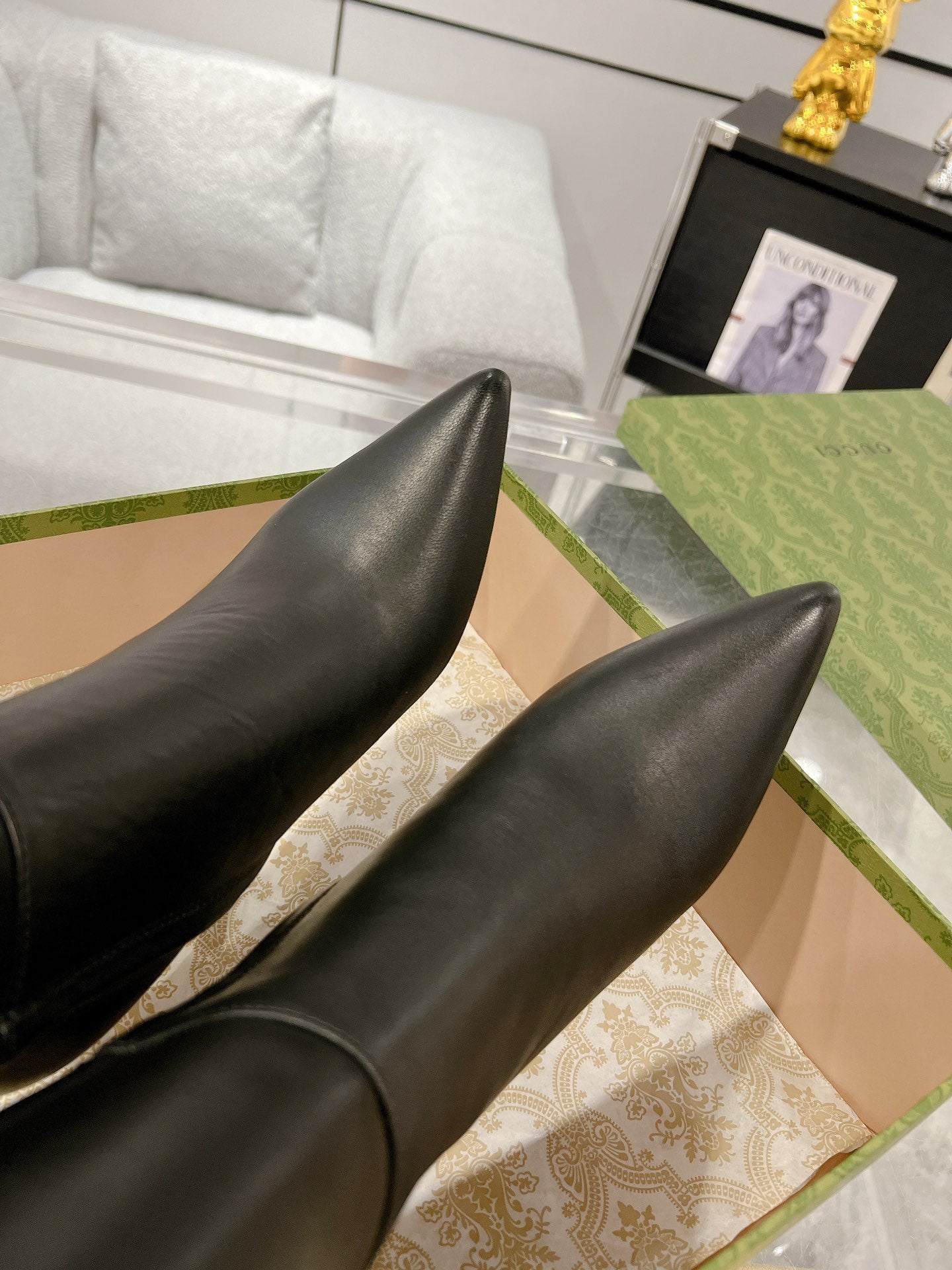 GUCCI KNEE BOOTS IN BLACK CALFSKIN WITH GOLD PLATED HEEL